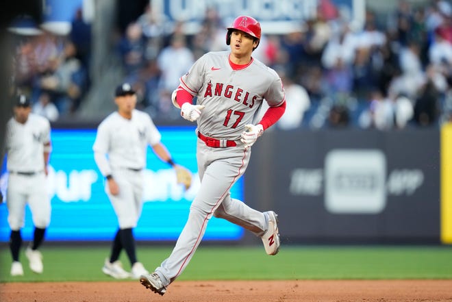Los Angeles Angels' Shohei Ohtani runs the bases after hitting a two-run home run against the New York Yankees during the first inning on Tuesday, April 18, 2023, in New York. (AP Photo/Frank Franklin II)