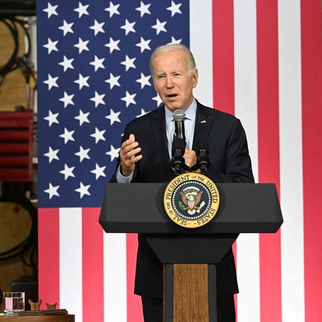 US President Joe Biden speaks about the economy at the International Union of Operating Engineers Local 77 facility in Accokeek, Maryland, on April 19, 2023. (Photo by Jim WATSON / AFP) (Photo by JIM WATSON/AFP via Getty Images) ORIG FILE ID: AFP_33DH63D.jpg