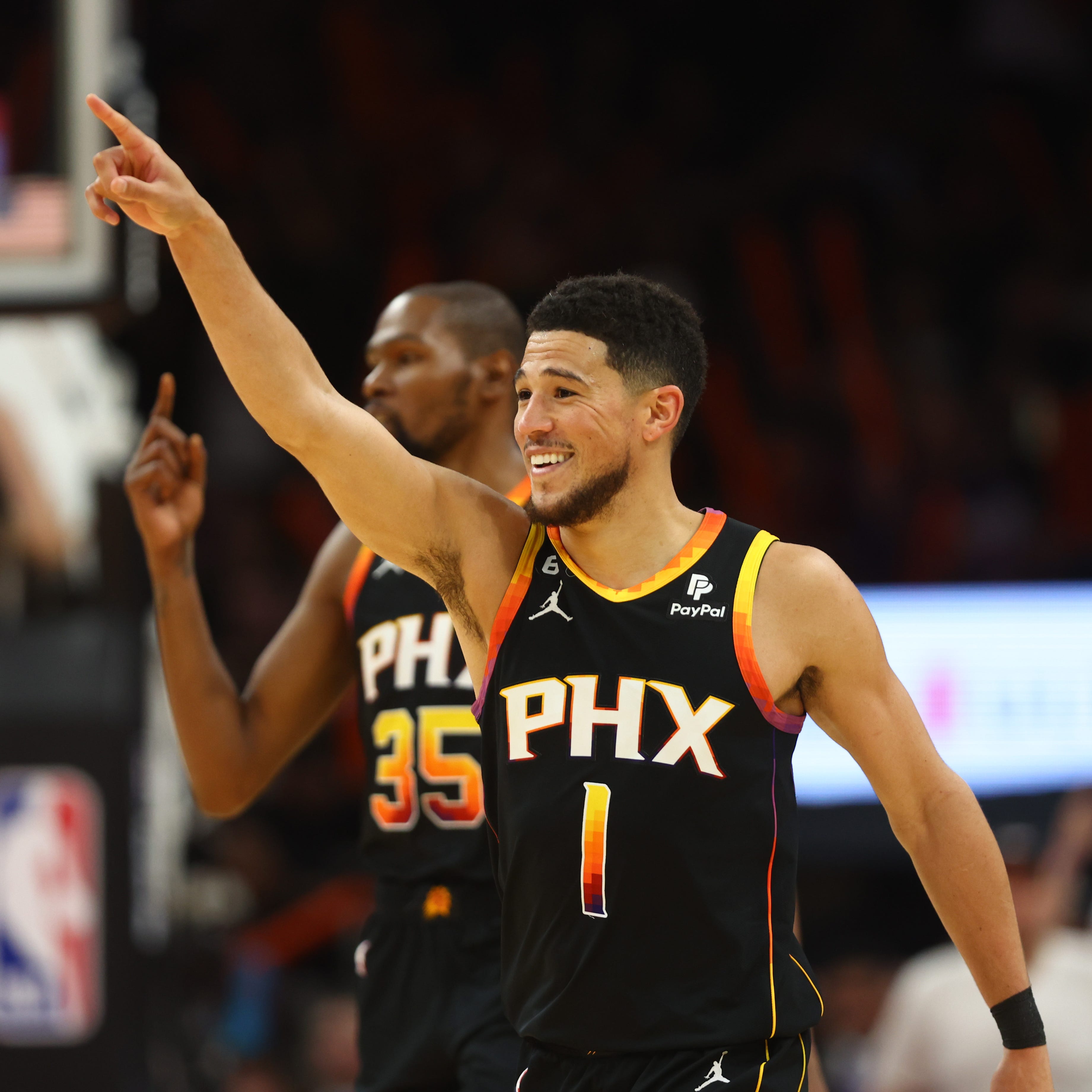 Phoenix Suns guard Devin Booker celebrates during the second half against the Los Angeles Clippers.