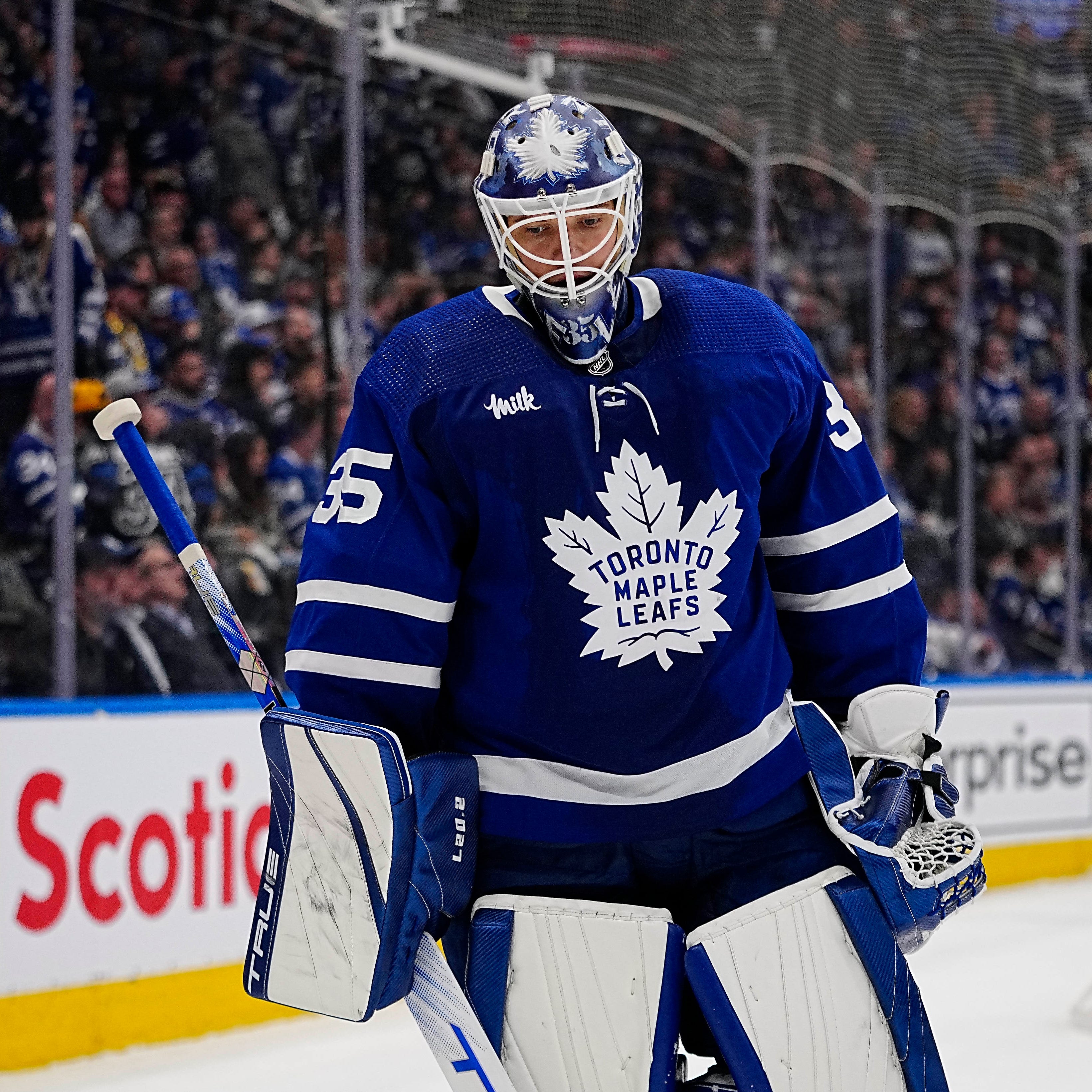 Toronto Maple Leafs goaltender Ilya Samsonov skates away from his net after a second goal by Tampa Bay Lightning forward Brayden Point.