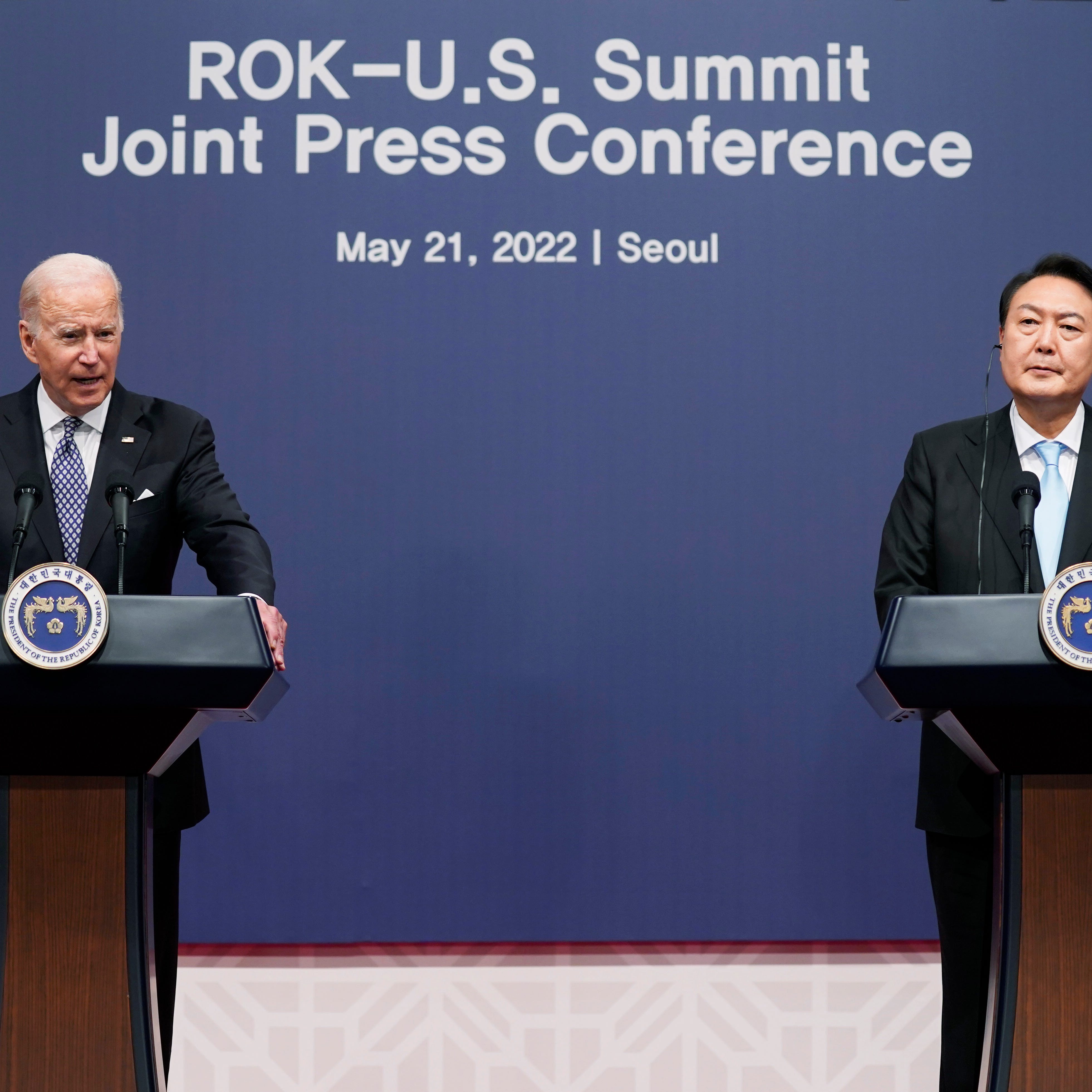 FILE - U.S. President Joe Biden, left, speaks as South Korean President Yoon Suk Yeol listens during a news conference at the People's House inside the Ministry of National Defense on May 21, 2022, in Seoul, South Korea. (AP Photo/Evan Vucci, File) ORG XMIT: XSEL101