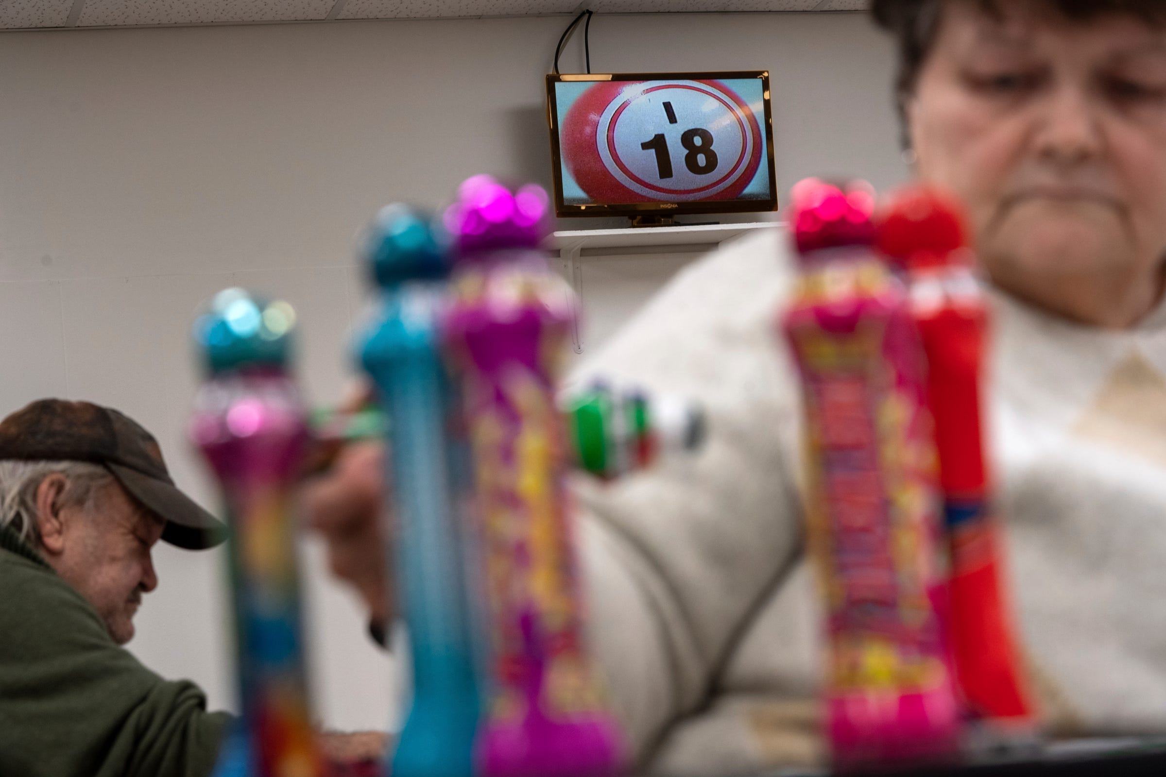 Bingo balls that were drawn are shown on a monitor during bingo night at the Odd Fellows building in Ishpeming on Friday, Feb. 10, 2023, in Michigan's Upper Peninsula.
