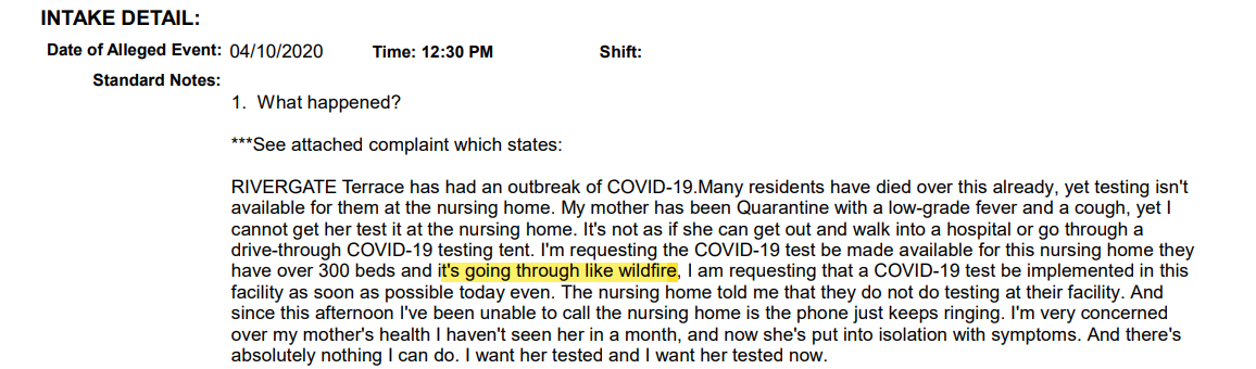 In a complaint on April 10, 2020, a person says their mother is a resident of Rivergate Terrace and COVID-19 is going through the facility "like wildfire."