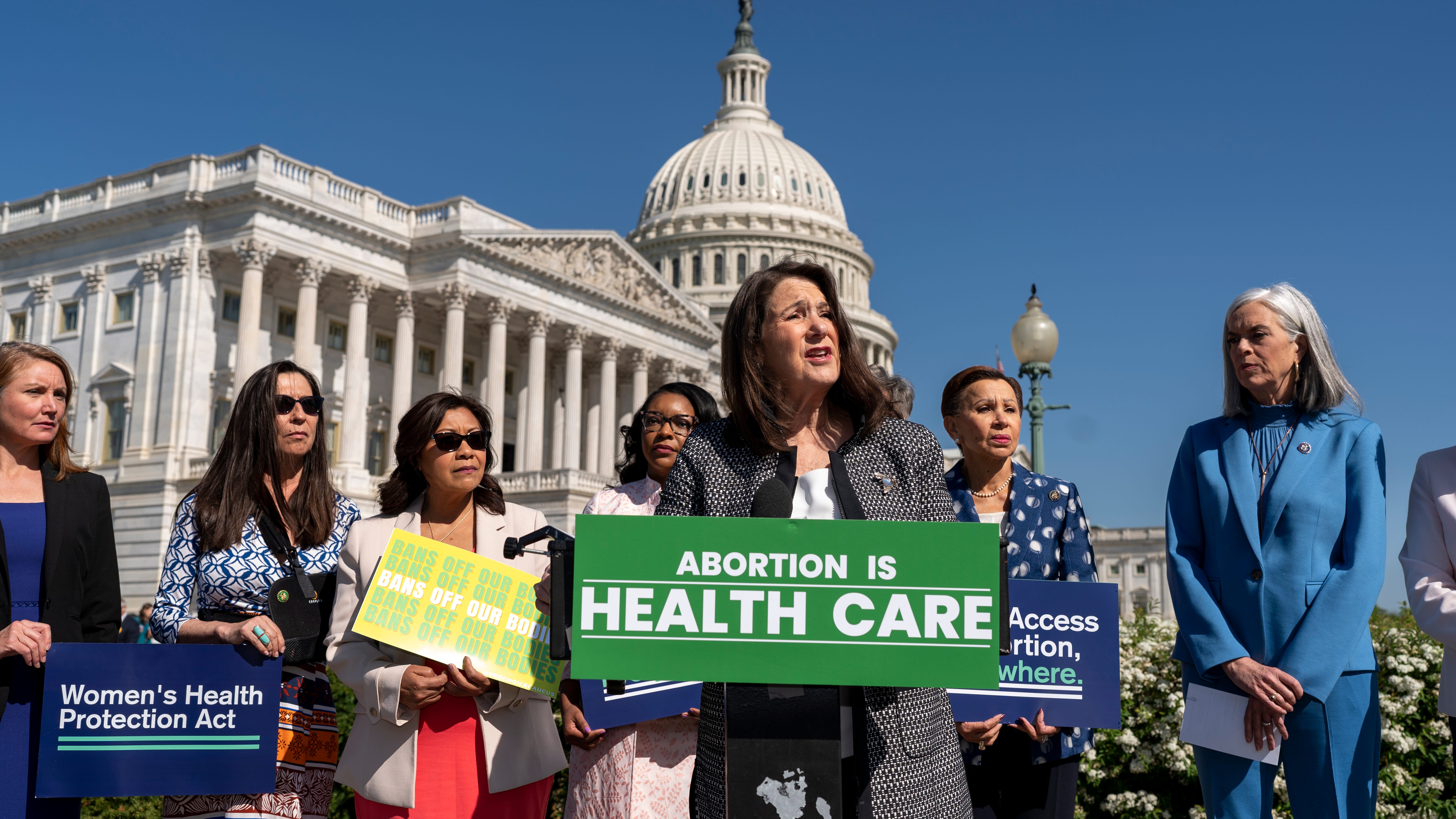 Rep. Diana DeGette, D-Colo., center, chair of the House Pro-Choice Caucus, is joined by House Minority Whip Katherine Clark, D-Mass., far right, and members of the Democratic Women's Caucus at an event calling for access to abortion medication, at the Capitol in Washington, Wednesday, April 19, 2023.