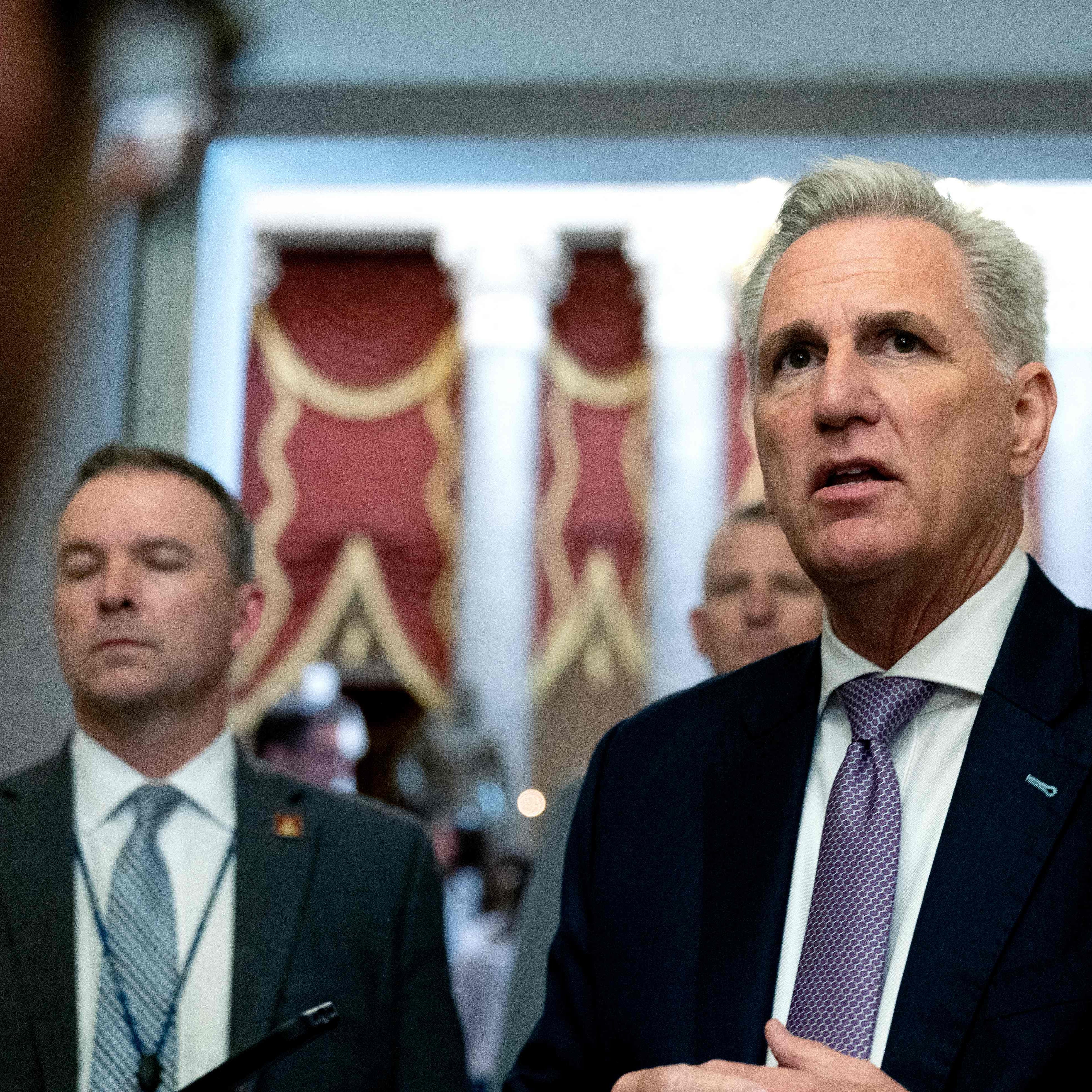 US House Speaker Kevin McCarthy, Republican of California, speaks to reporters on Capitol Hill in Washington, DC, on April 19, 2023. (Photo by Stefani Reynolds / AFP) (Photo by STEFANI REYNOLDS/AFP via Getty Images) ORIG FILE ID: AFP_33DH2WA.jpg