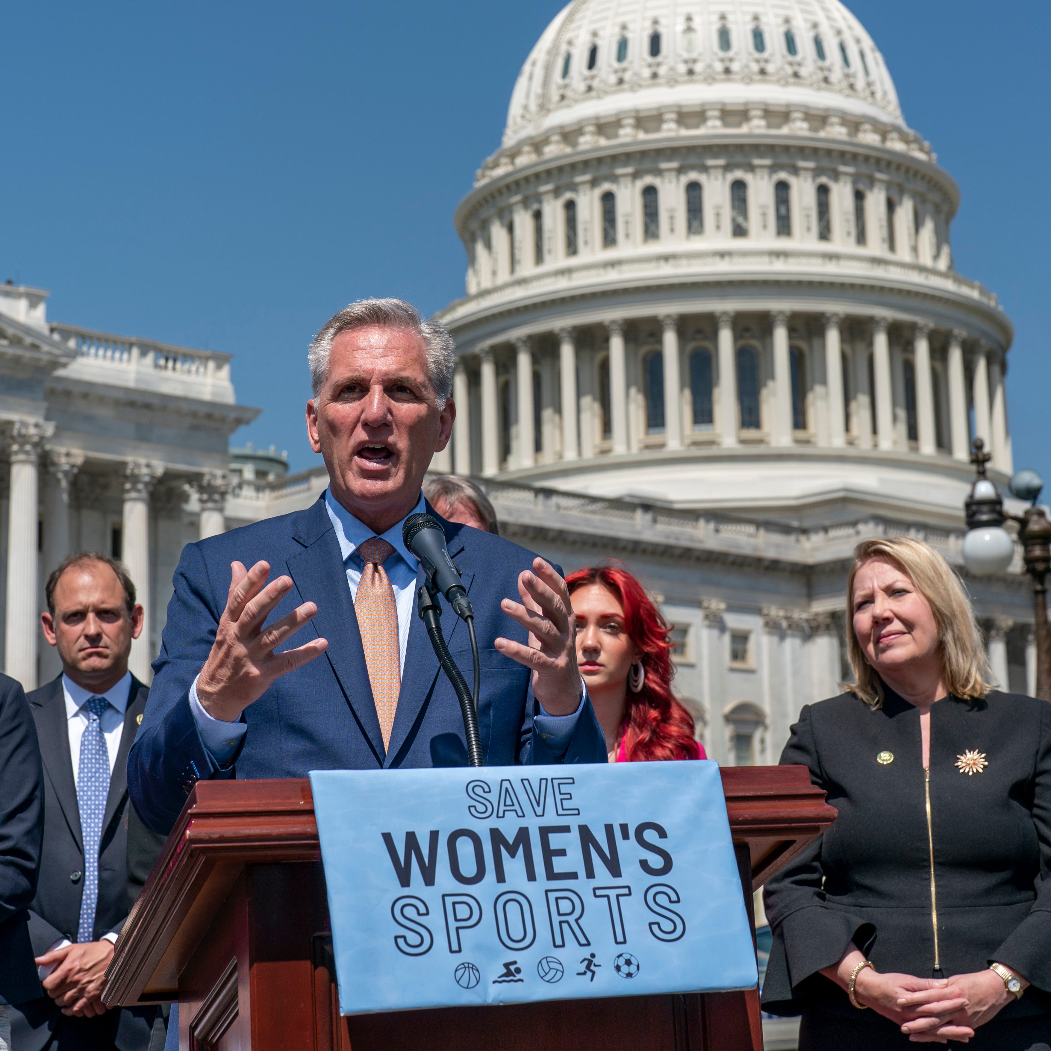 Speaker of the House Kevin McCarthy, R-Calif., speaks as he and House Republicans celebrate passage in the House of a bill that would bar federally supported schools and colleges from allowing transgender athletes whose biological sex assigned at birth was male to compete on girls or women's sports teams.