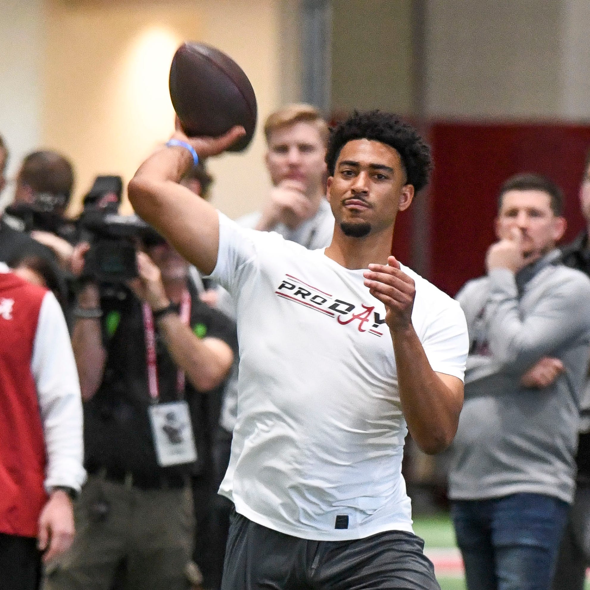 Quarterback Bryce Young throws during Pro Day at Hank Crisp Indoor Practice Facility on the campus of the University of Alabama.