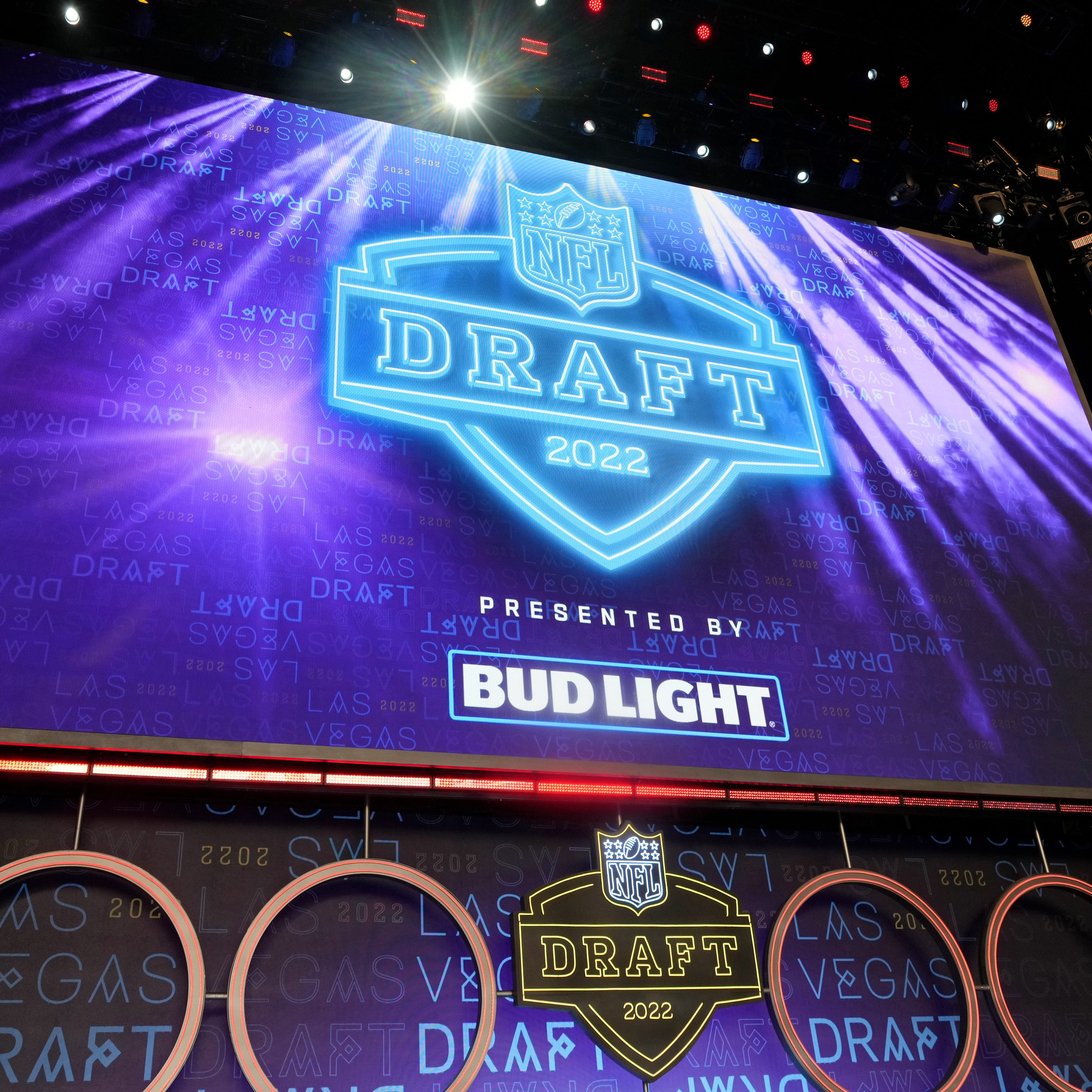 The 2022 NFL Draft logo is displayed during the first round of the 2022 NFL Draft at the NFL Draft Theater.