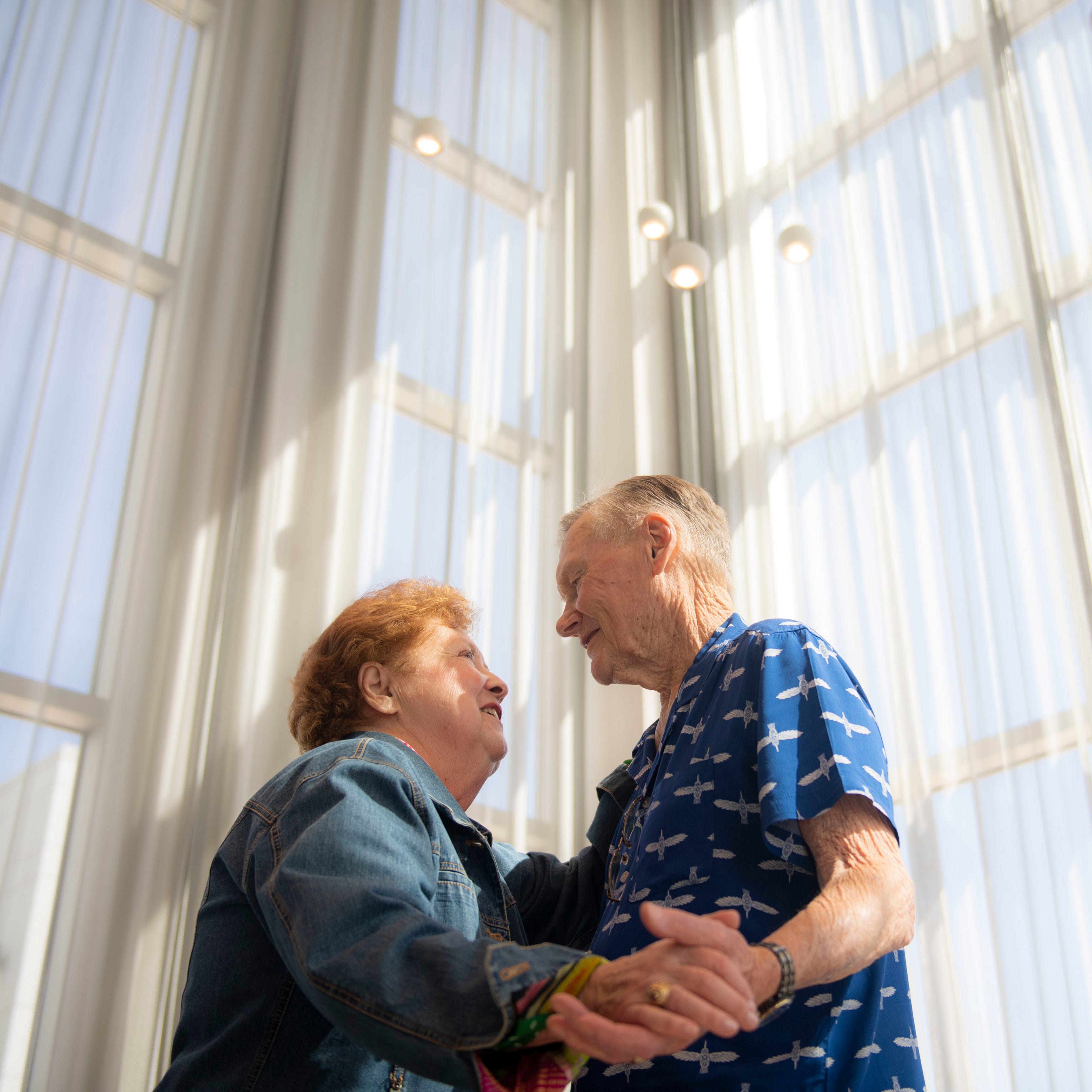 Caroline Wallace dances with Eddie Lamm at a hotel  in Brentwood, Tenn., Wednesday, April 19, 2023.