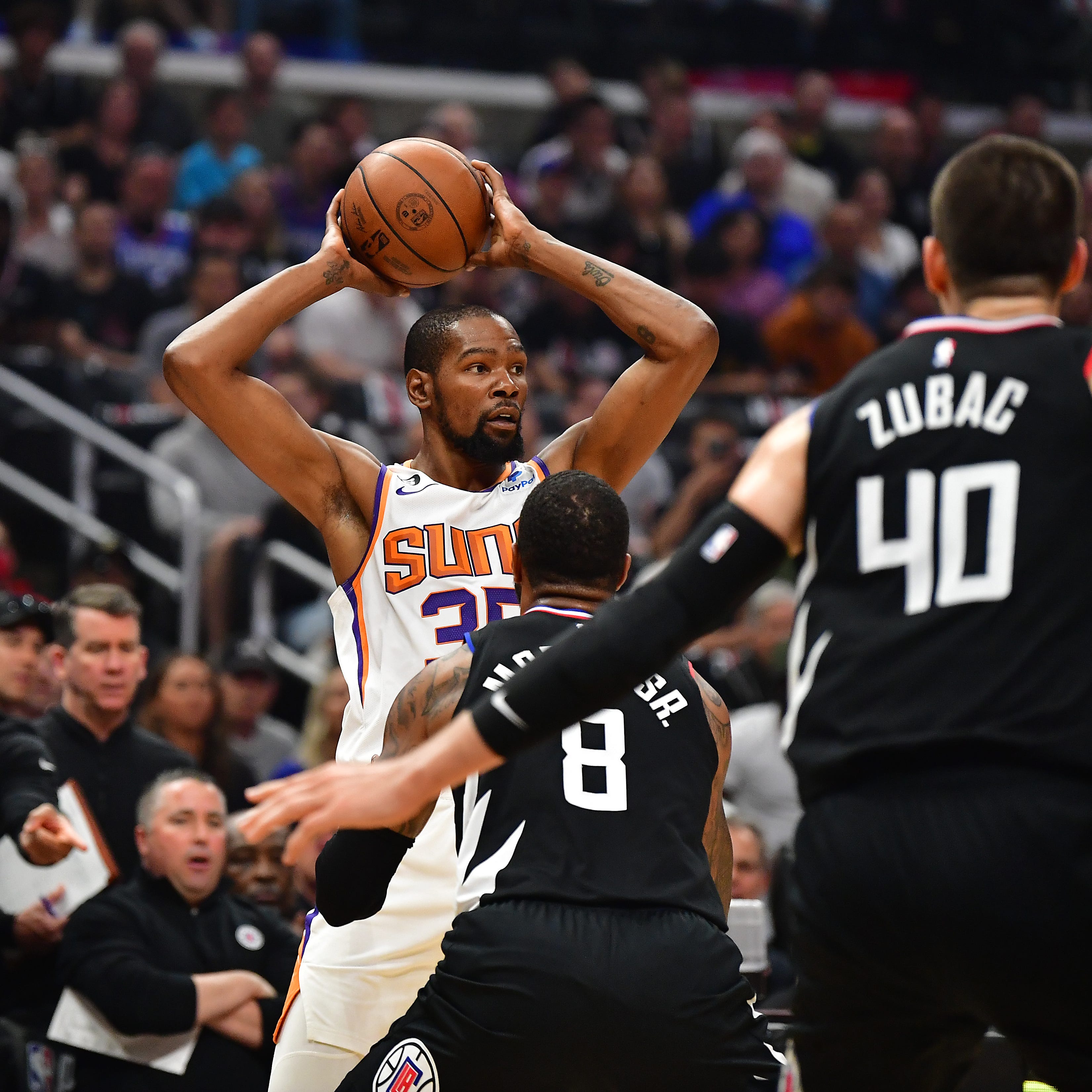 Apr 22, 2023; Los Angeles, California, USA; Phoenix Suns forward Kevin Durant (35) controls the ball against the Los Angeles Clippers during the first half in game four of the 2023 NBA playoffs at Crypto.com Arena. Mandatory Credit: Gary A. Vasquez-USA TODAY Sports