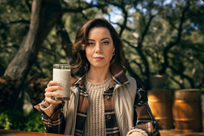 Delaware native Aubrey Plaza appears in a Wood Milk spoof ad.