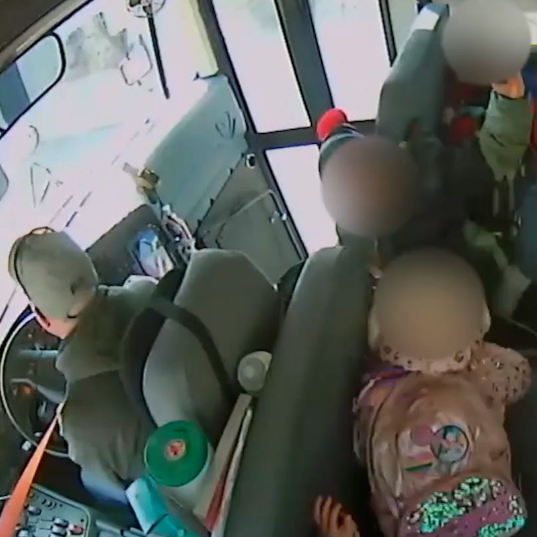 Video, provided by the Douglas County (Colo.) School District, from  of the March 1, 2023, in which Brian Fitzgerald, a substitute bus driver for Castle Rock Elementary School, is accused of hitting the brakes on the bus he was driving in an attempt to teach the children a lesson. The children can be seen here being pummeled forward.