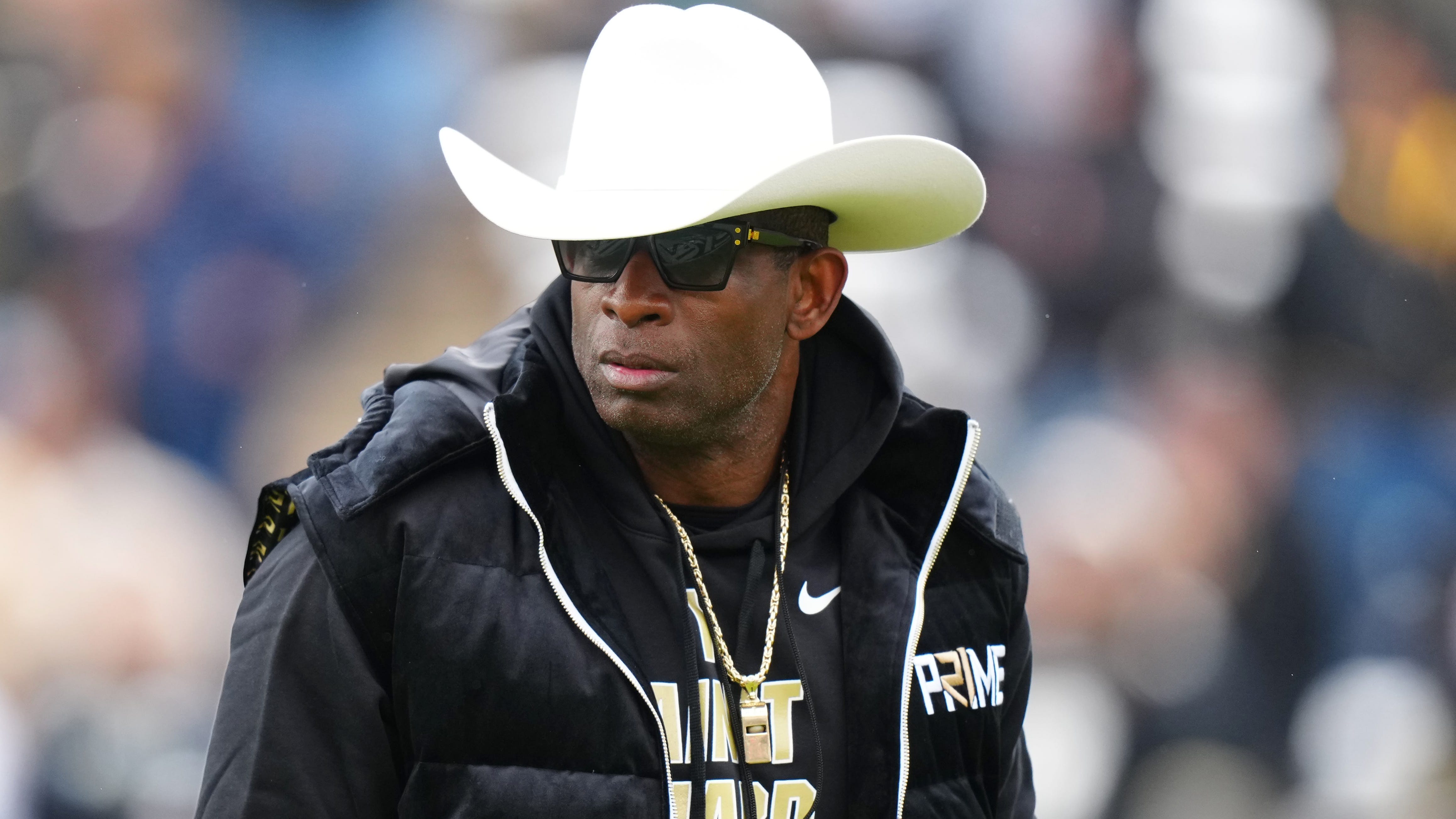 Colorado coach Deion Sanders watches his team during during the first half of the spring game at Folsom Filed.