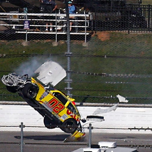 Blaine Perkins, driver of the #02 Ollie's Bargain Outlet Chevrolet, flips after an on-track incident during the NASCAR Xfinity Series Ag-Pro 300 at Talladega Superspeedway on April 22, 2023 in Talladega, Alabama.
