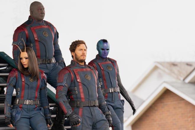 Mantis (Pom Klementieff, from left), Drax (Dave Bautista), Star-Lord (Chris Pratt) and Nebula (Karen Gillan) journey to save a teammate's life in James Gunn's trilogy-closing Marvel cosmic adventure "Guardians of the Galaxy Vol. 3."