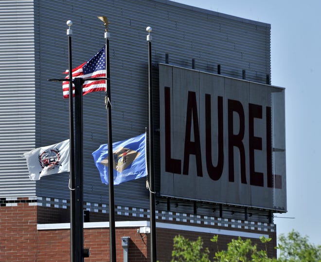 School and Delaware state flags flew at half-staff at Laurel High School on Sunday, April 23, 2023, when family members, classmates and friends came to celebrate the life of senior basketball star Corey Mumford who was shot and killed on April 14, 2023.