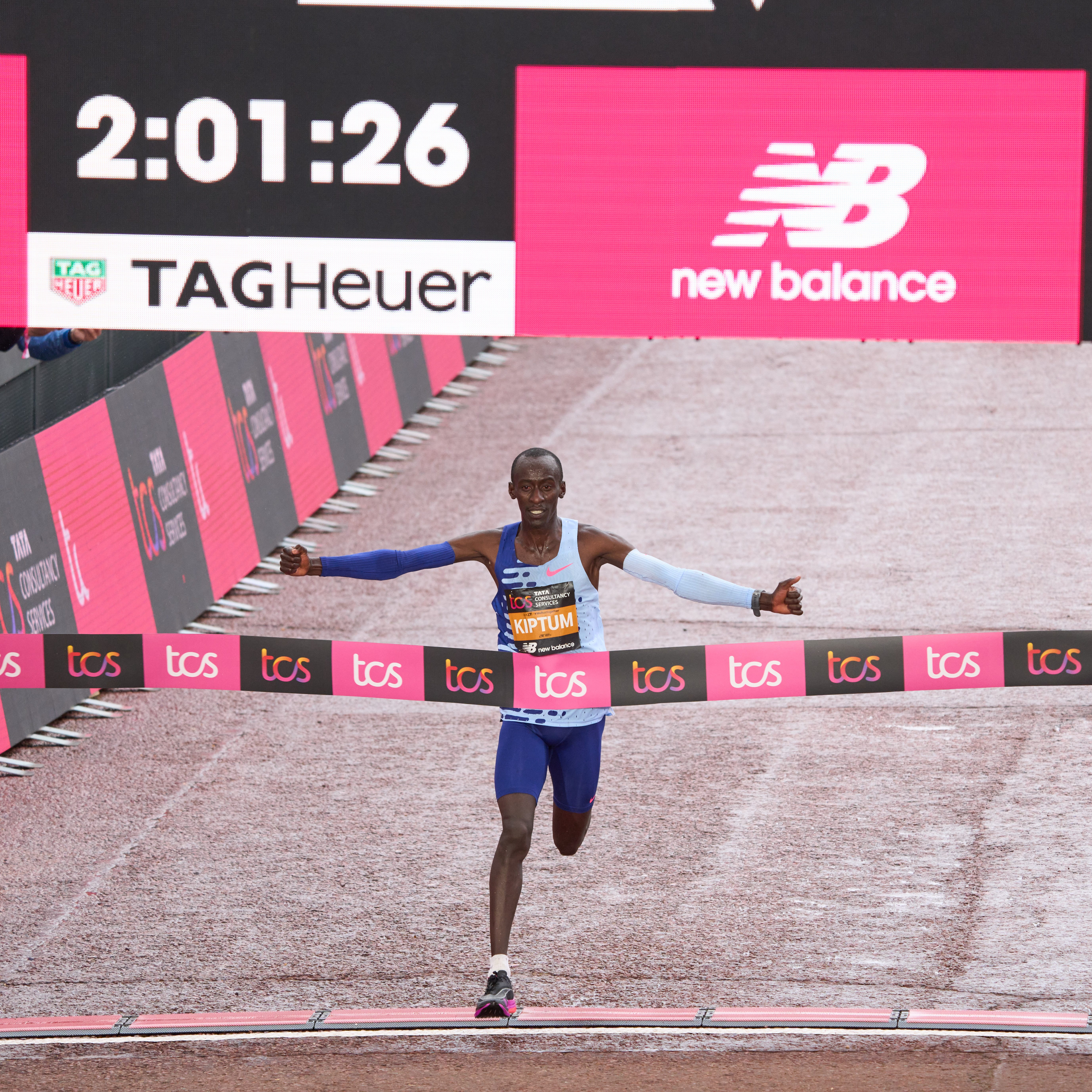 Kelvin Kiptum crosses the line to win the men's London Marathon in the fastest time run on the course.