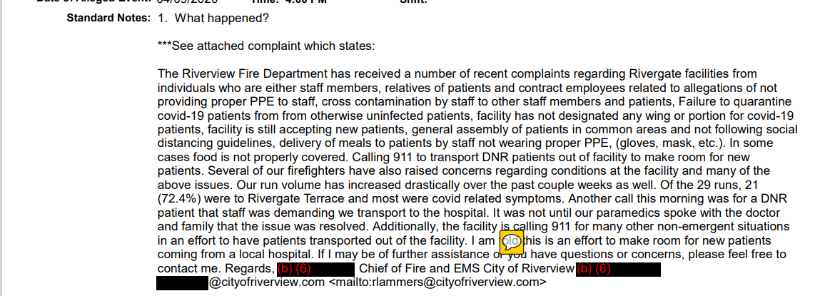 Ron Lammers, chief of Riverview's fire department, submitted this complaint about Rivergate nursing home facilities on April 9, 2020.