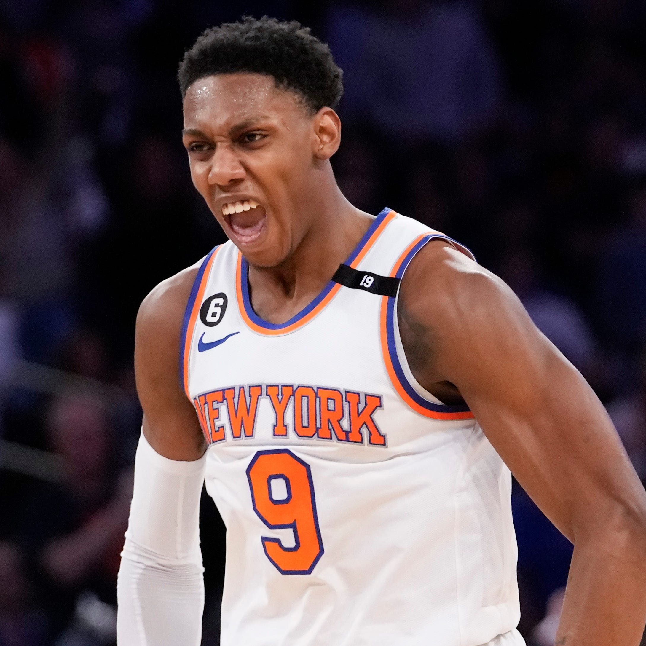 RJ Barrett reacts after scoring against the Cleveland Cavaliers.