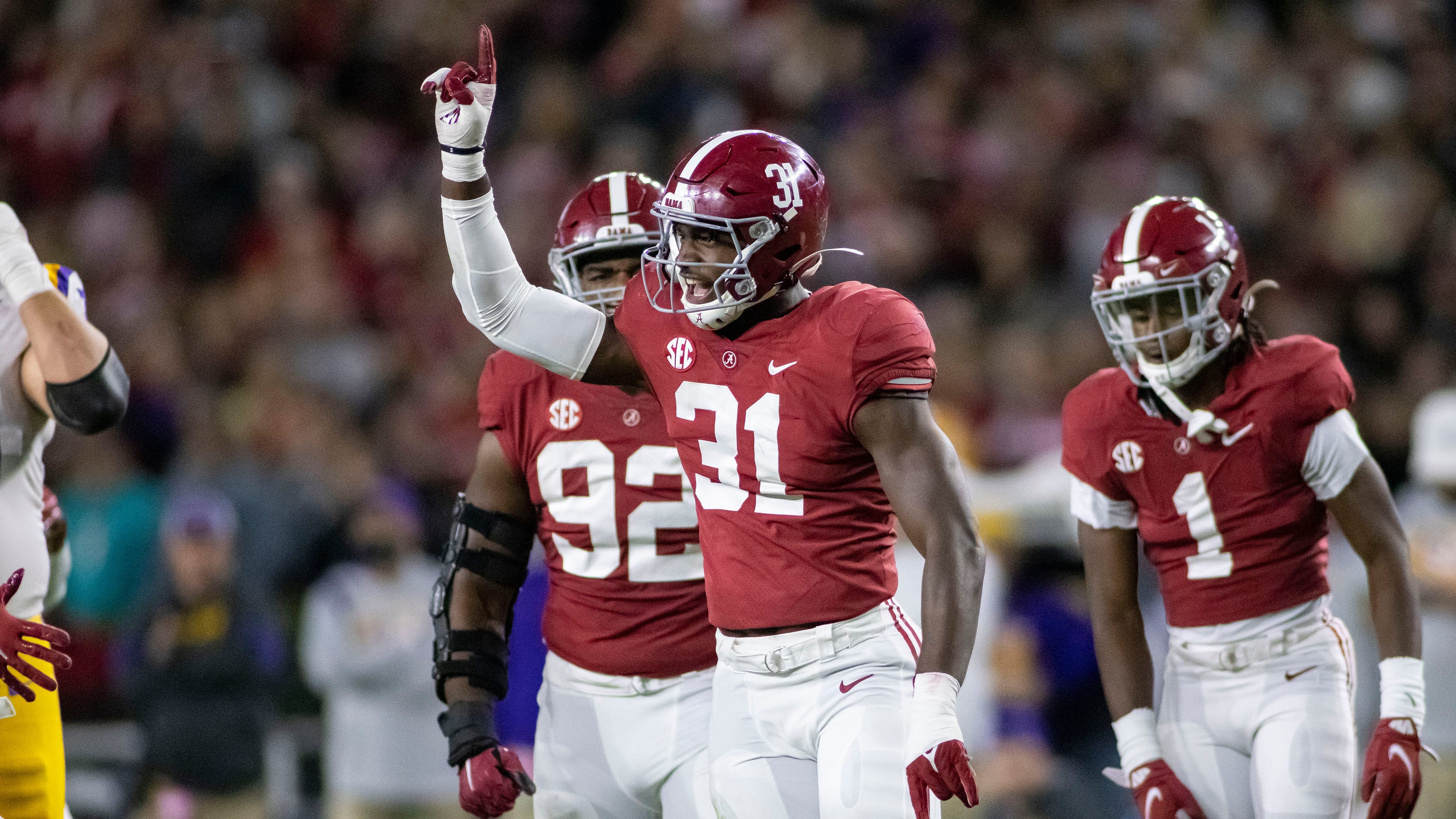 Alabama linebacker Will Anderson Jr. (31) celebrates a defensive stop against LSU during the first half of an NCAA college football game, Saturday, Nov. 6, 2021, in Tuscaloosa, Ala.