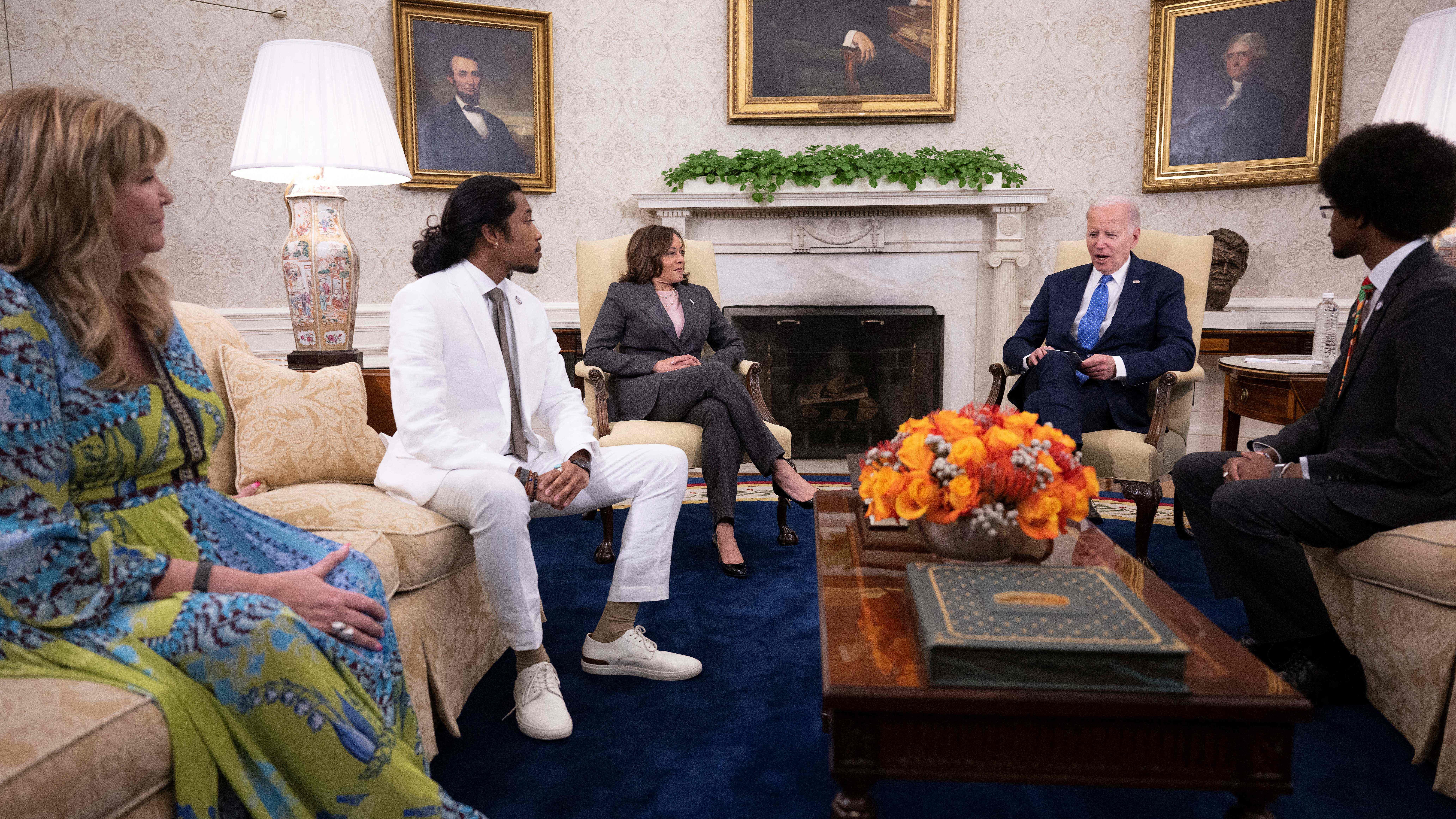 President Joe Biden and Vice President Kamala Harris meet with Tennessee Democrats expelled from the Tennessee state legislature over gun control protest Justin Jones (2nd L), Justin Pearson (R) and Gloria Johnson to discuss their efforts to ban assault weapons in the Oval Office at the White House.