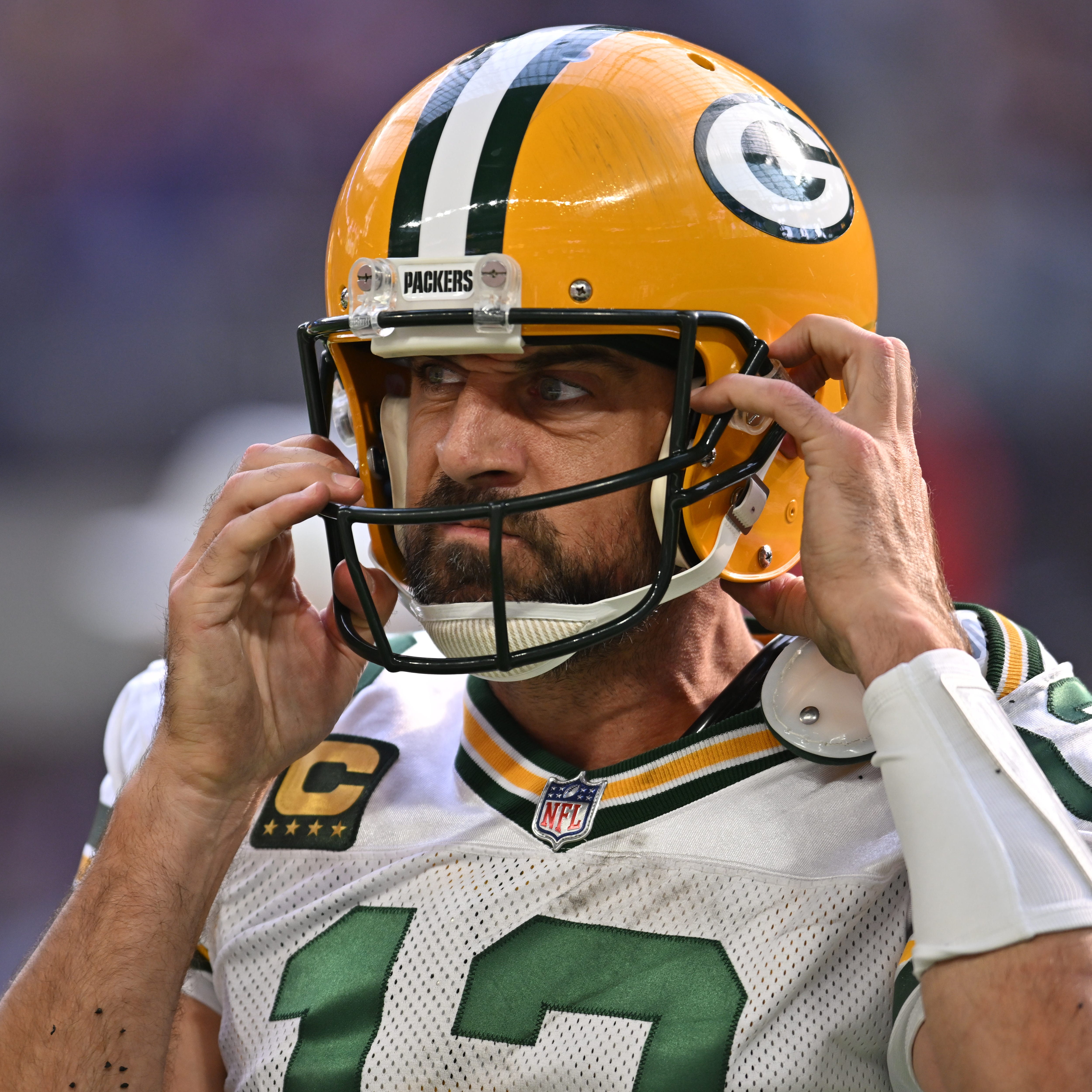 Green Bay Packers quarterback Aaron Rodgers (12) reacts after throwing an interception against the Minnesota Vikings during the second quarter at U.S. Bank Stadium.
