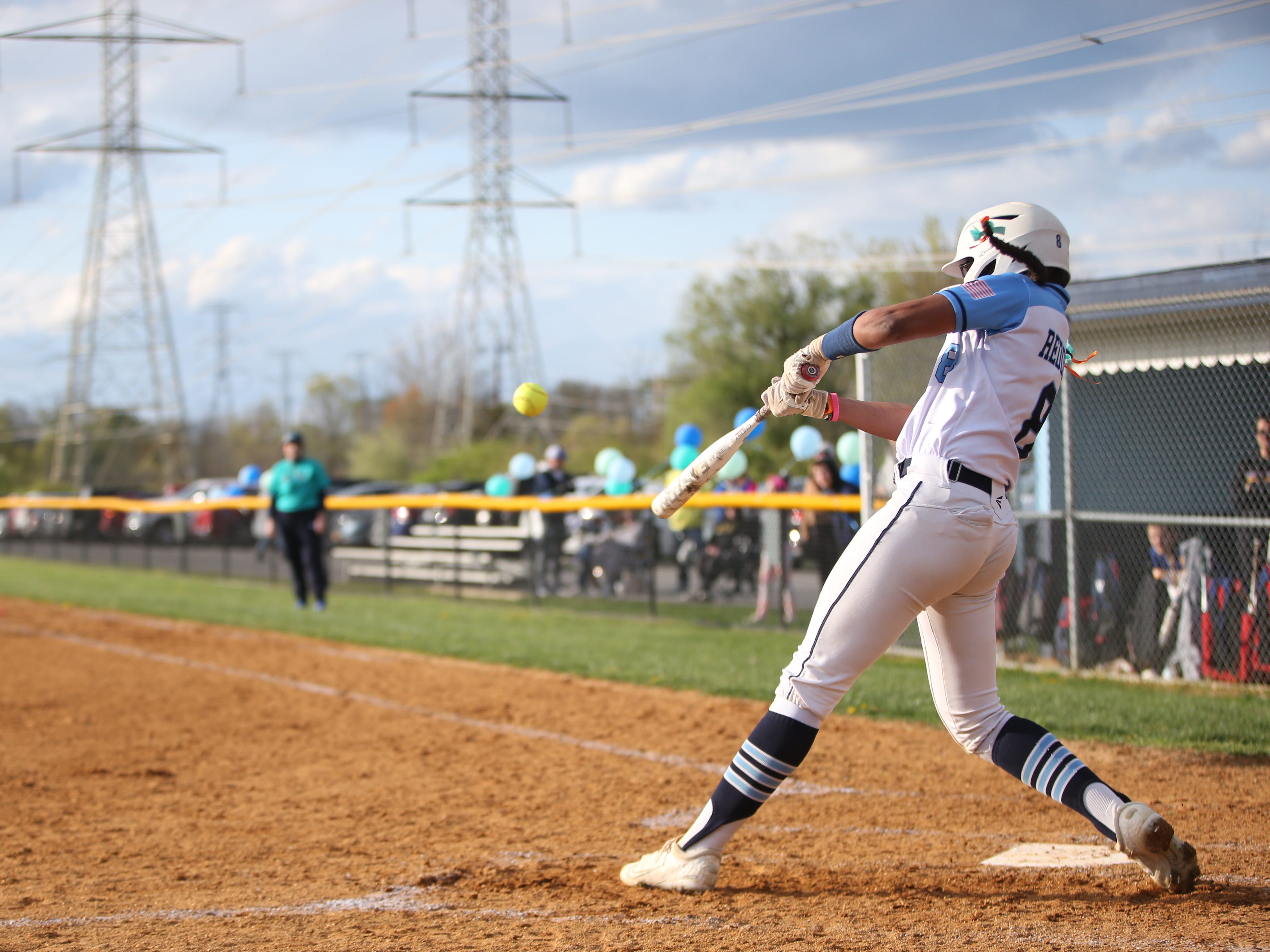 John Jay's Arielle Reddick at bat during Monday's game versus Mahopac on April 24, 2023. The game was played in support of Morgan's Message, an organization which raises awareness for mental illness in young athletes. 