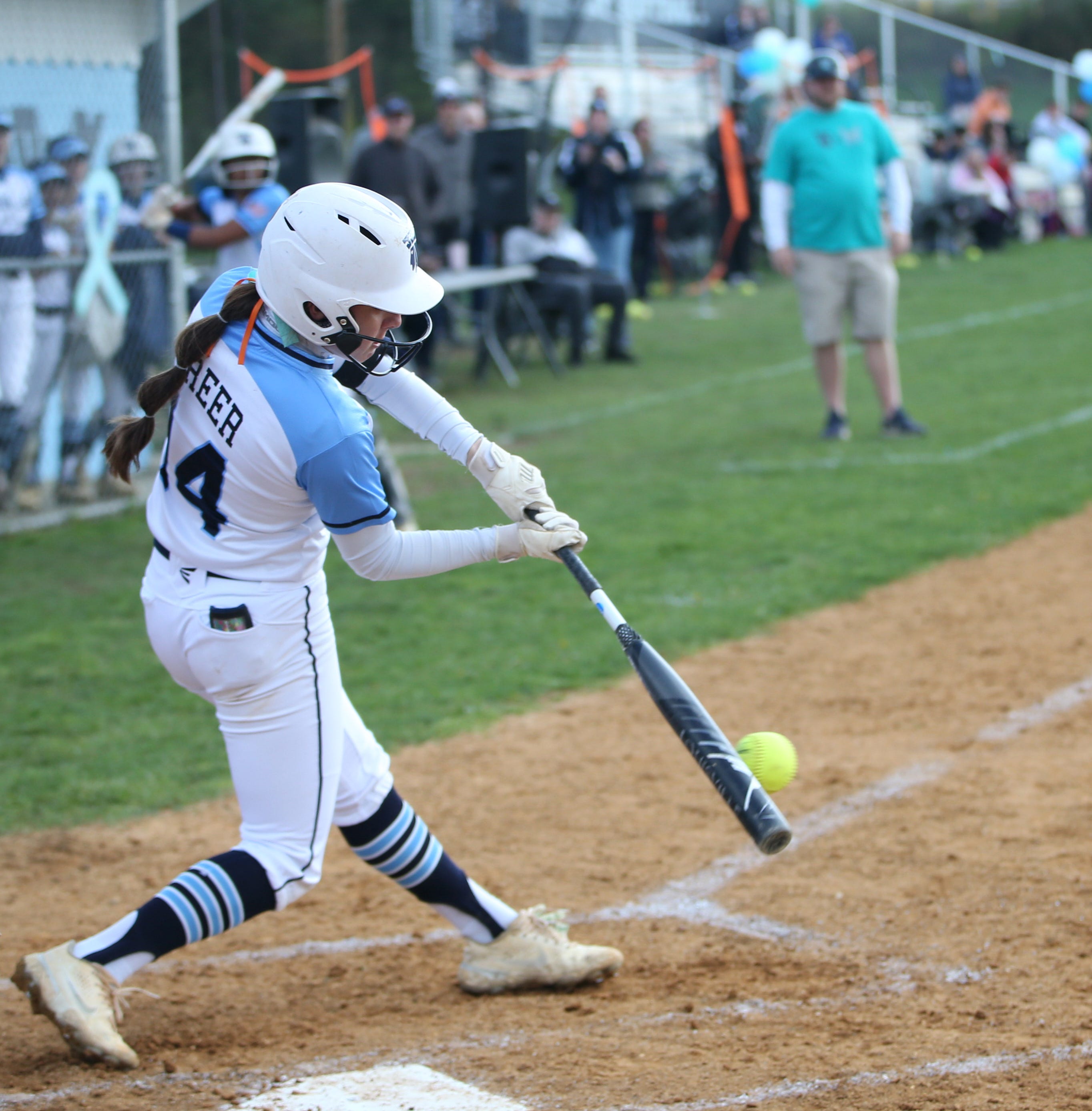 John Jay's Hannah Greer at bat during Monday's game versus Mahopac on April 24, 2023. The game was played in support of Morgan's Message, an organization which raises awareness for mental illness in young athletes. 