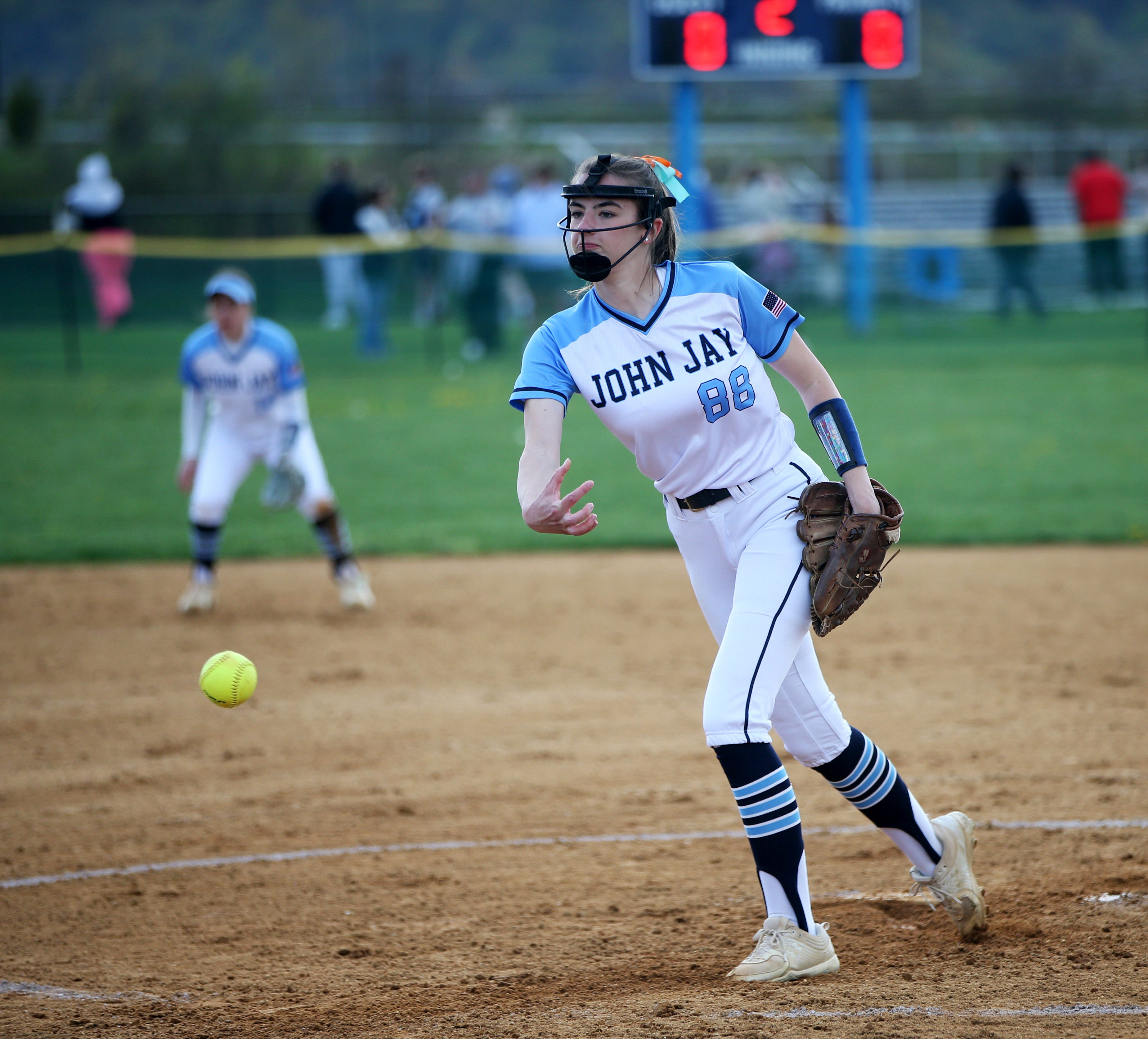 John Jay's Nicole Barosa pitches during Monday's game versus Mahopac on April 24, 2023.