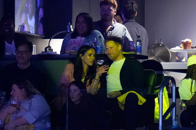 Prince Harry and Meghan Markle attend the Los Angeles Lakers' Game 4 of a first-round NBA basketball playoff series against the Memphis Grizzlies on April 24, 2023, in Los Angeles.