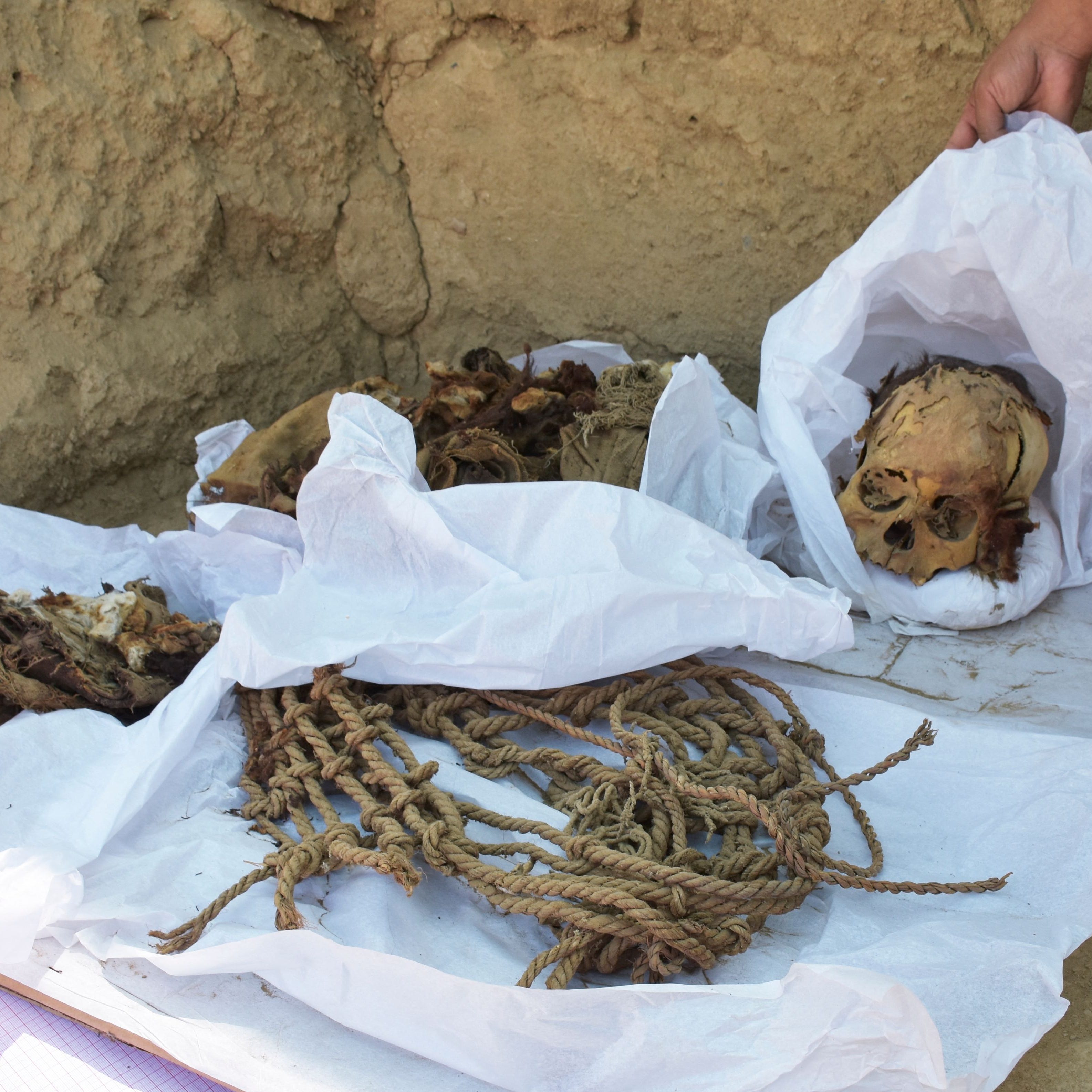 This undated handout picture relased by the Archeology Department of the San Marcos University shows the remains of a pre-Inca individual unearthed at the Cajamarquilla Archaeological Complex in Cajamarquilla, Peru. - Peruvian archaeologists discovered a pre-Inca mummy between 800 and 1,200 years old in perfect condition, while they were excavating at an ancient mud urban center on the outskirts of Lima, those responsible for the find reported Tuesday. The remains are in perfect condition and belong to a teenager, who would   have been about 12 or 13 years old with an approximate height of 1 meter 30 centimeters. (Photo by Handout / Archaeology Department of the San Marcos University / AFP) / RESTRICTED TO EDITORIAL USE - MANDATORY CREDIT "AFP PHOTO / ARCHAEOLOGY DEPARTMENT OF THE SAN MARCOS UNIVERSITY" - NO MARKETING NO ADVERTISING CAMPAIGNS - DISTRIBUTED AS A SERVICE TO CLIENTS (Photo by HANDOUT/Archaeology Department of the Sa/AFP via Getty Images) ORIG FILE ID: AFP_33DU8WC.jpg