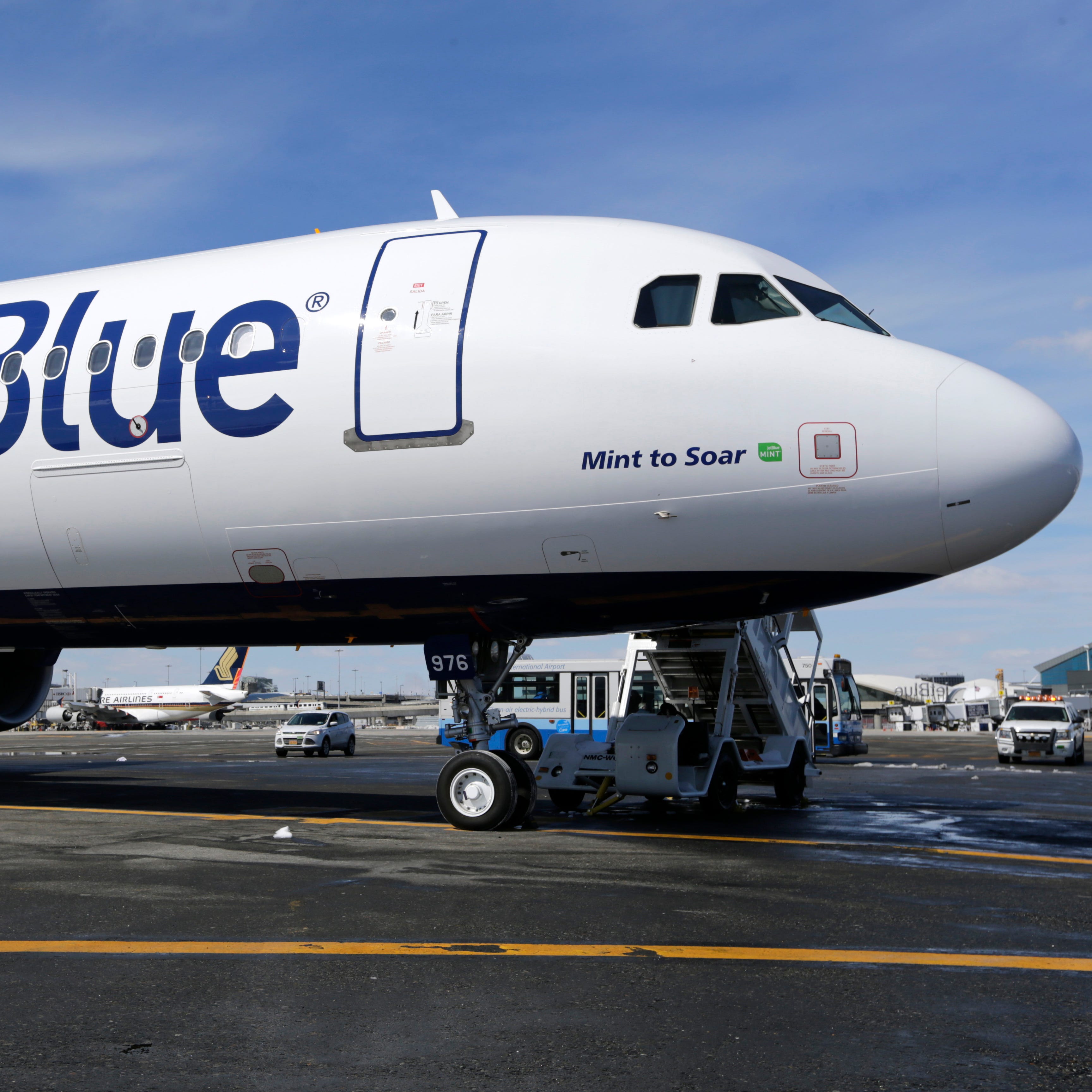 A JetBlue airplane is shown at John F. Kennedy International Airport in New York, March 16, 2017. (AP Photo/Seth Wenig, File)