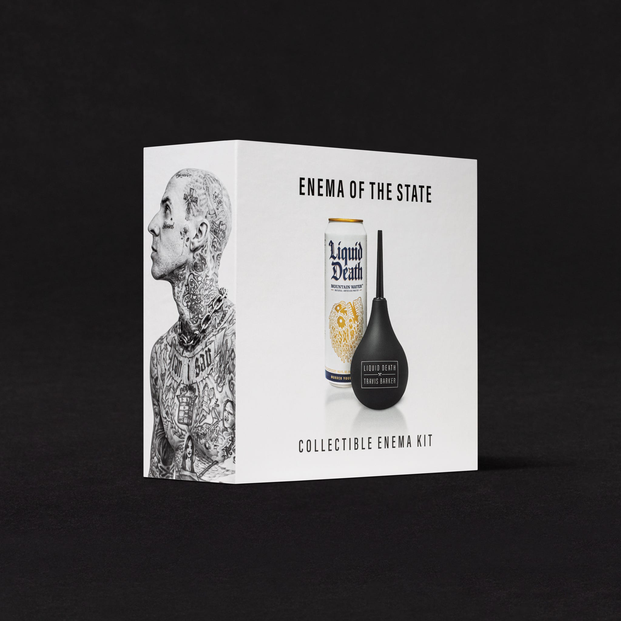 This limited edition Liquid Death Enema of The State Collectible Enema Kit ($182)  comes with a can of Liquid Death water, hand-signed by Barker, and a replica enema bulb. It goes on sale today at liquiddeath.com; only a few hundred are available, the company says.