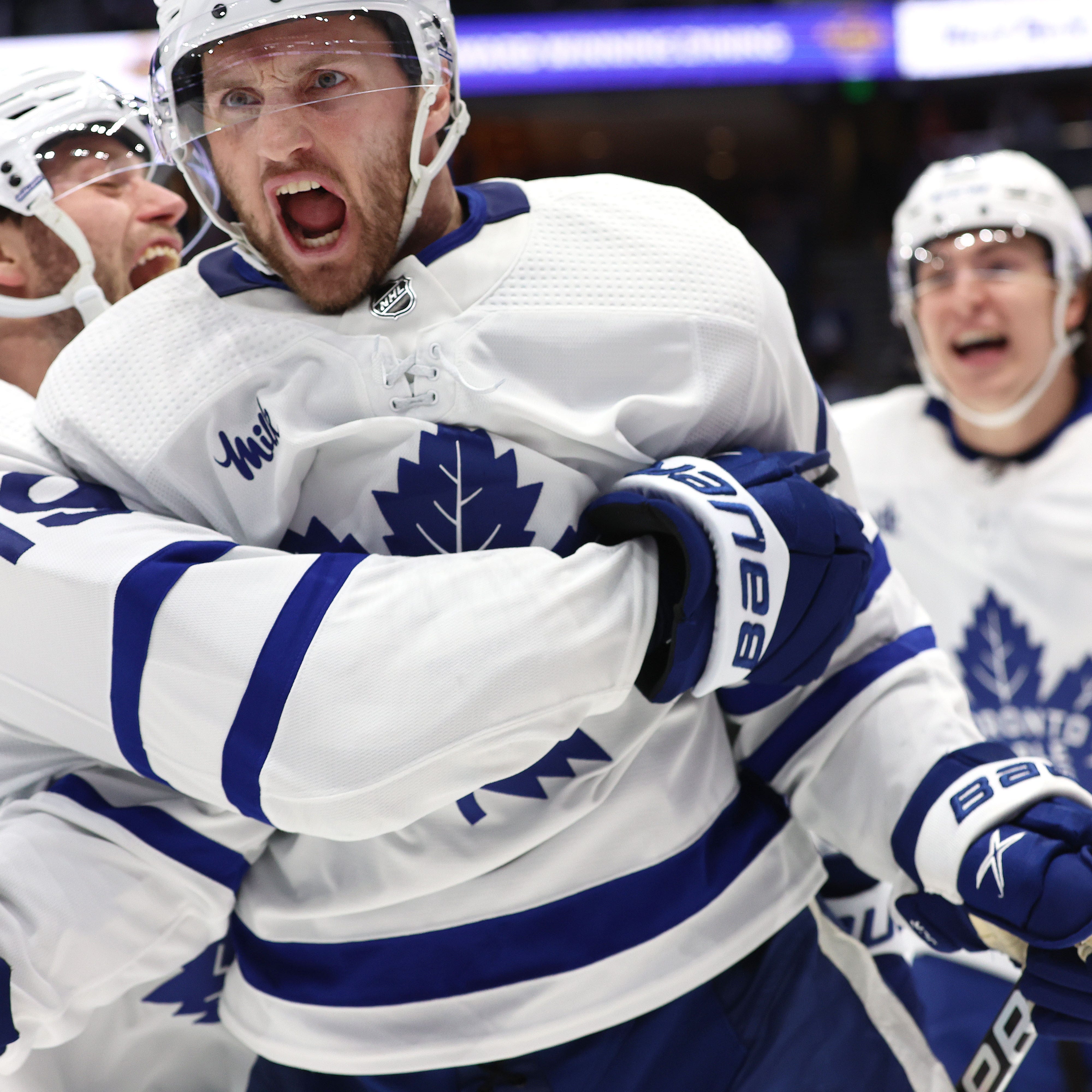 Toronto Maple Leafs center Alexander Kerfoot celebrates  his overtime goal in Game 4 against the Tampa Bay Lightning.