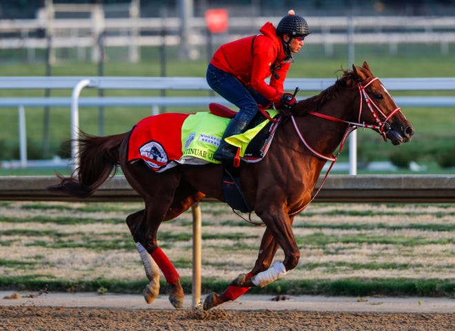 Assistant trainer Takahide Ando worked Continuar Wednesday April 25, 2023 at Churchill Downs in Louisville, Ky.