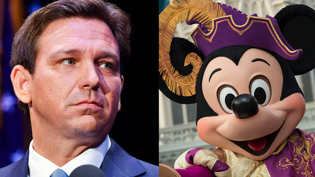 Florida Governor Ron DeSantis , left, is taking on Walt Disney Co in a battle over control of the company's holdings in the state.