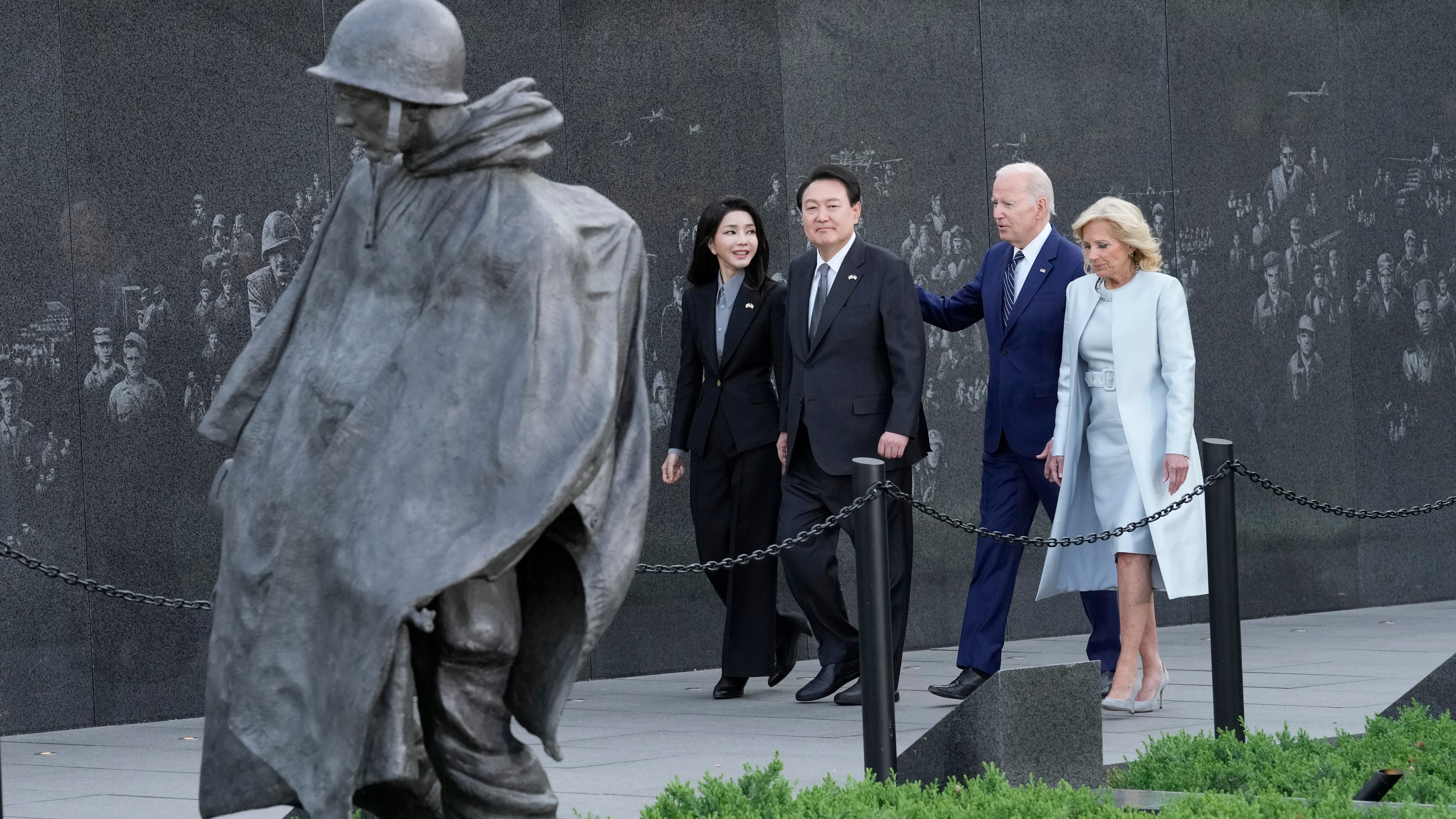 President Joe Biden, first lady Jill Biden, South Korea's President Yoon Suk Yeol and his wife Kim Keon Hee visit the Korean War Veterans Memorial in Washington, Tuesday, April 25, 2023.