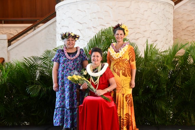 This year's Lei Court, featuring (from left to right) Princess Charlene Kapualani Kauhane Harano, Queen Leilani Kūpahu-Marino Kahoʻāno and First Princess Melodie Lynn Leinaʻala Naluaʻi Vega.
