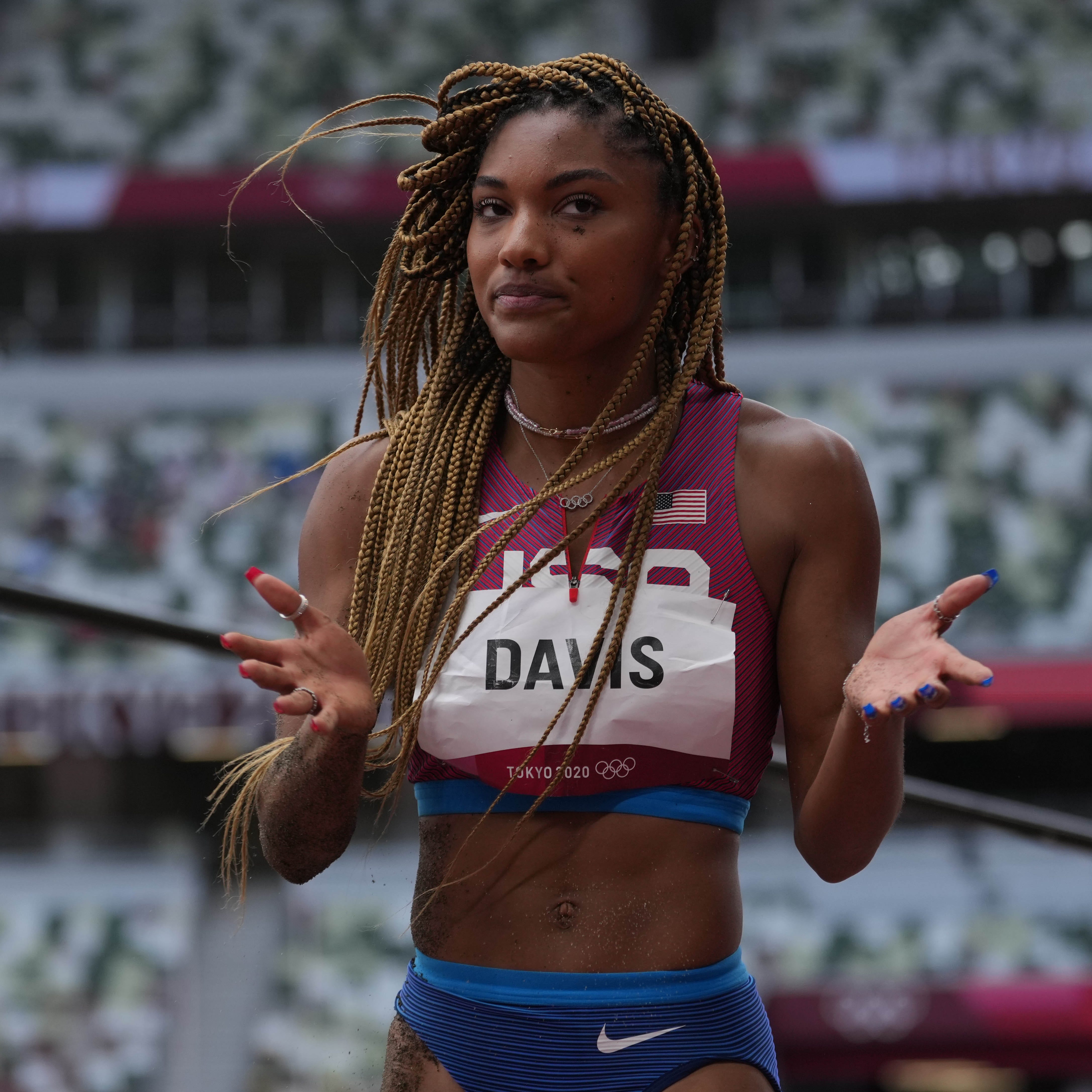 Tara Davis (USA) reacts in the women's long jump final during the Tokyo 2020 Summer Olympic Games at Olympic Stadium on Aug 3, 2021.