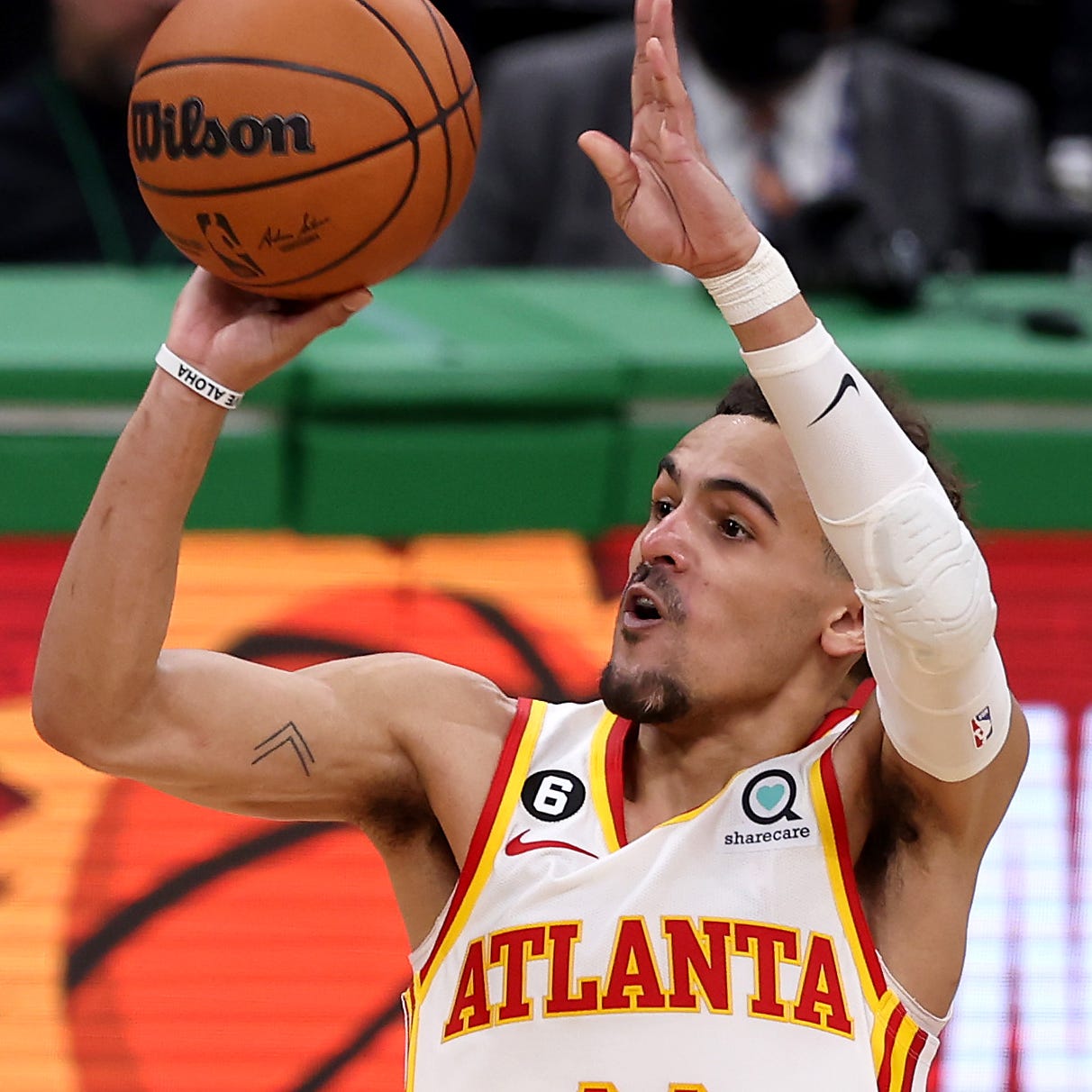 Trae Young shoots the game-winning 29-foot 3-point basket against the Boston Celtics.