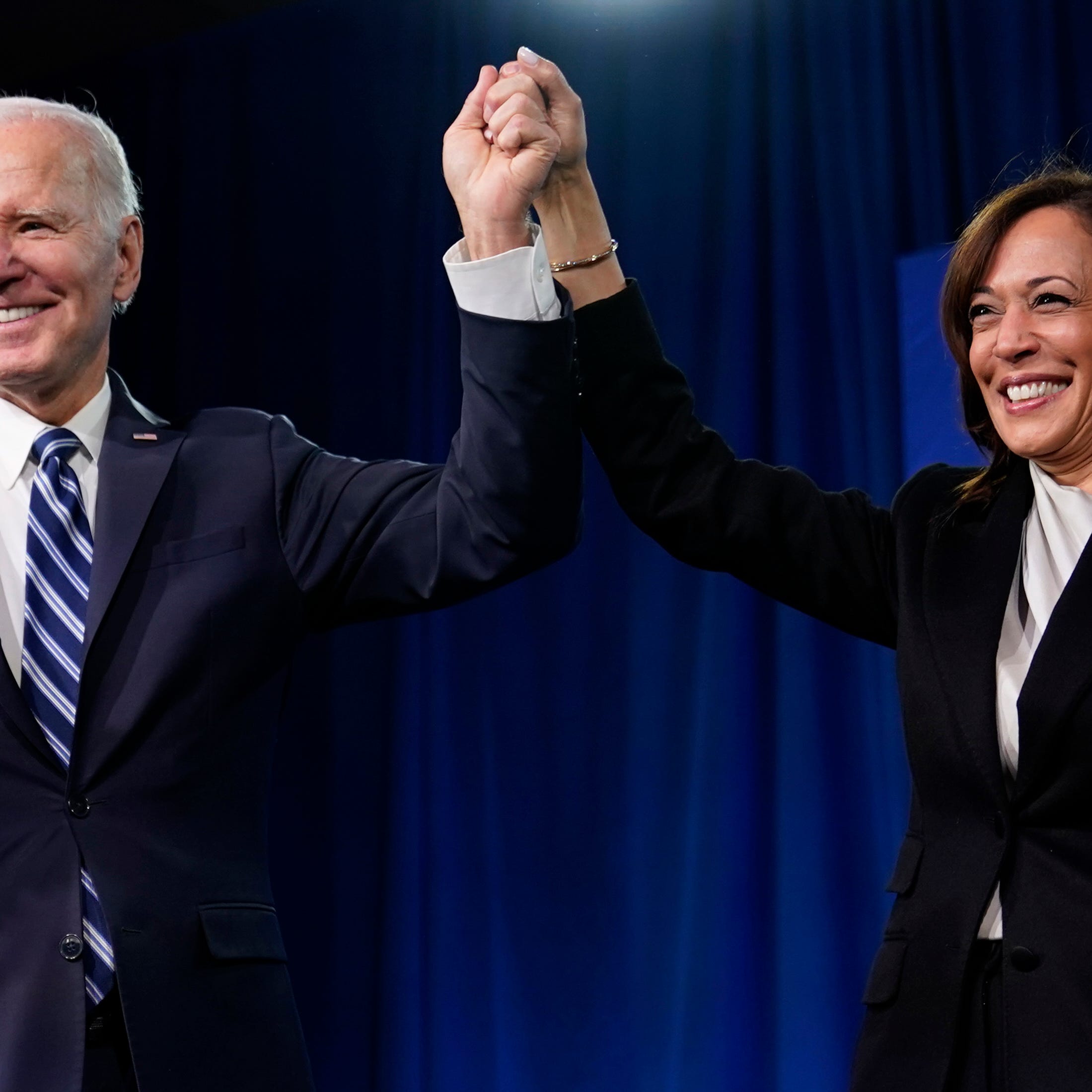 FILE - President Joe Biden and Vice President Kamala Harris stand on stage at the Democratic National Committee winter meeting, Feb. 3, 2023, in Philadelphia. Harris is poised to play a critical role in next year's election as President Joe Biden seeks a second term. (AP Photo/Patrick Semansky, File) ORG XMIT: WX401