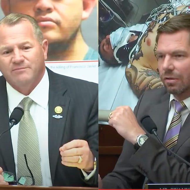 U.S. Reps. Troy Nehls (R-TX), left, and Eric Swalwell (D-CA) on the House Judiciary Subcommittee on Immigration Integrity, Security, and Enforcement.