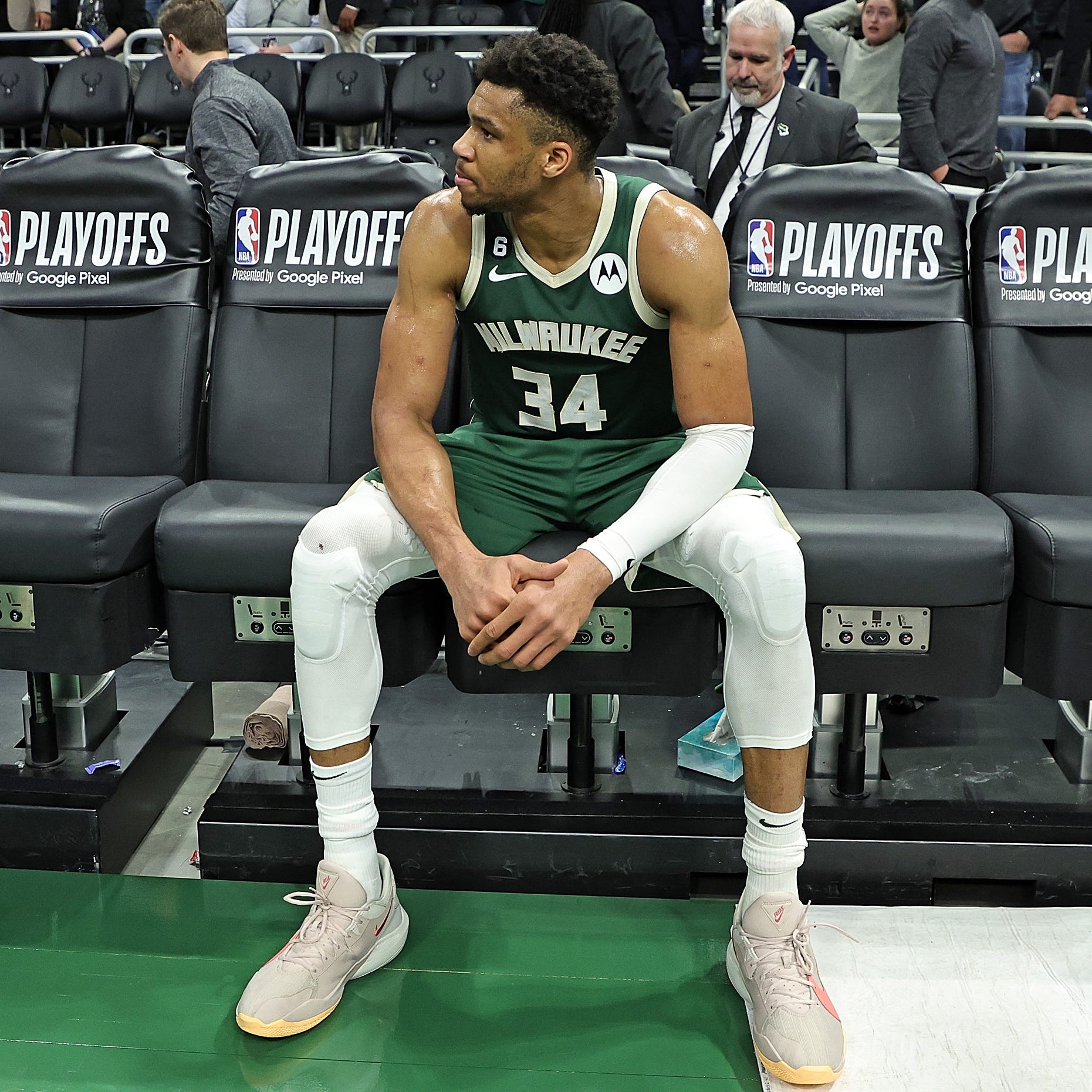 Giannis Antetokounmpo sits on the bench after the Bucks were eliminated from the first round of the playoffs.