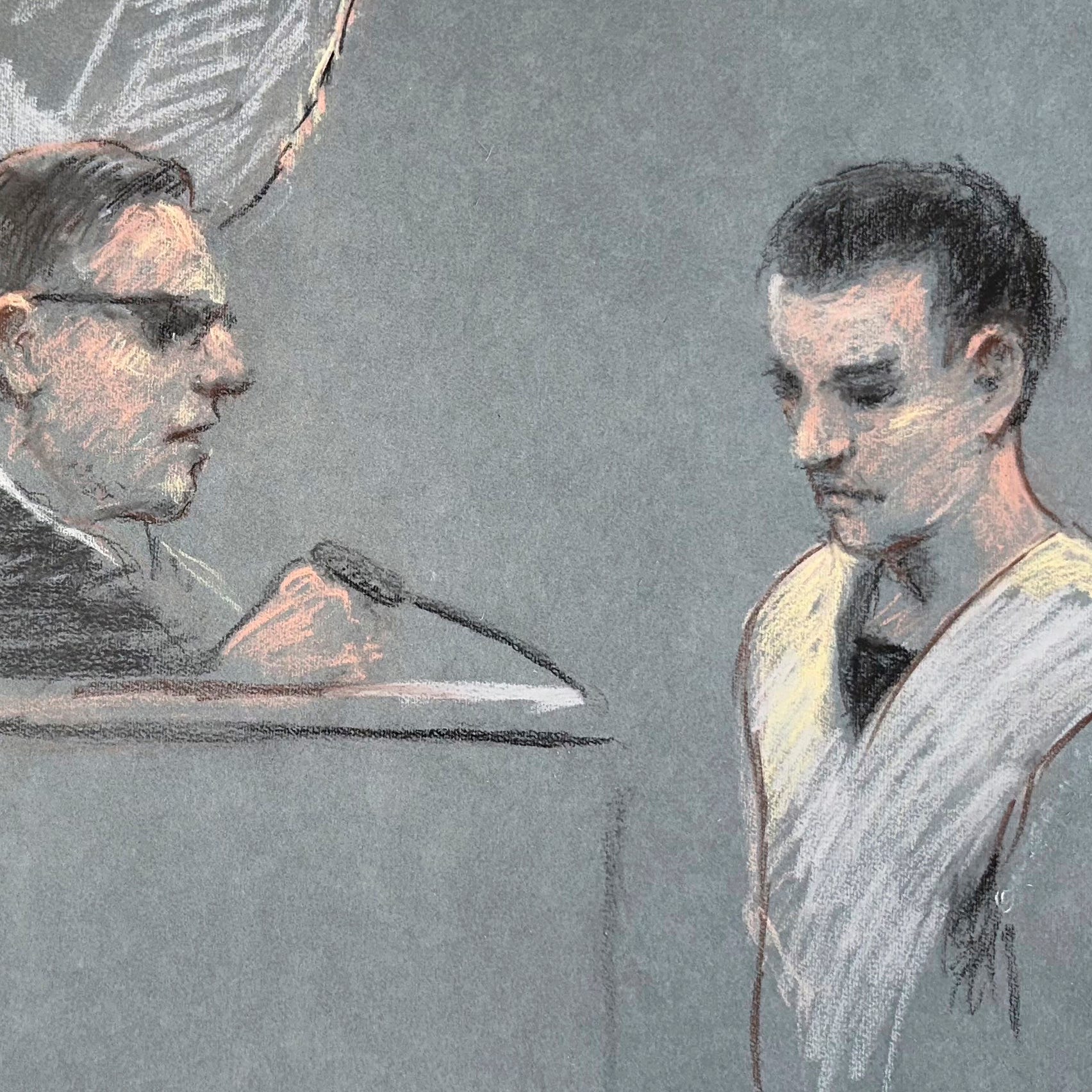 Massachusetts Air National Guardsman Jack Teixeira, right, appears in U.S. District Court in Boston. A judge is expected to hear arguments Thursday over whether Teixeira, accused of leaking highly classified military documents about the Ukraine war and other issues, should remain in jail while he awaits trial.