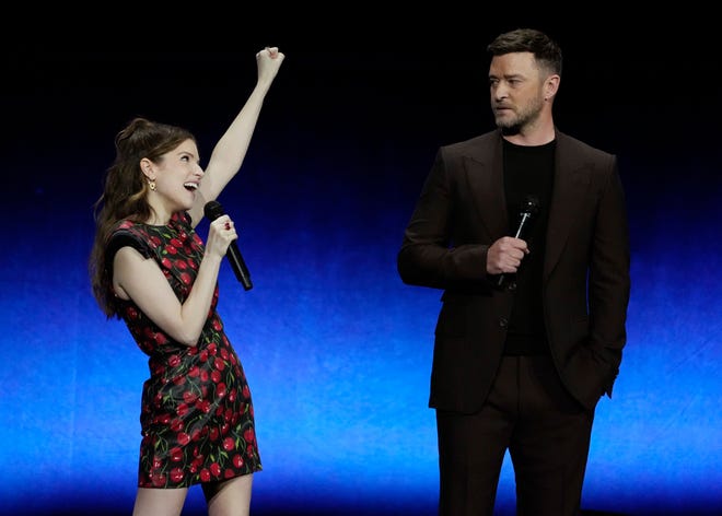 Anna Kendrick and Justin Timberlake banter onstage talking about their film "Trolls Band Together" at CinemaCon 2023.