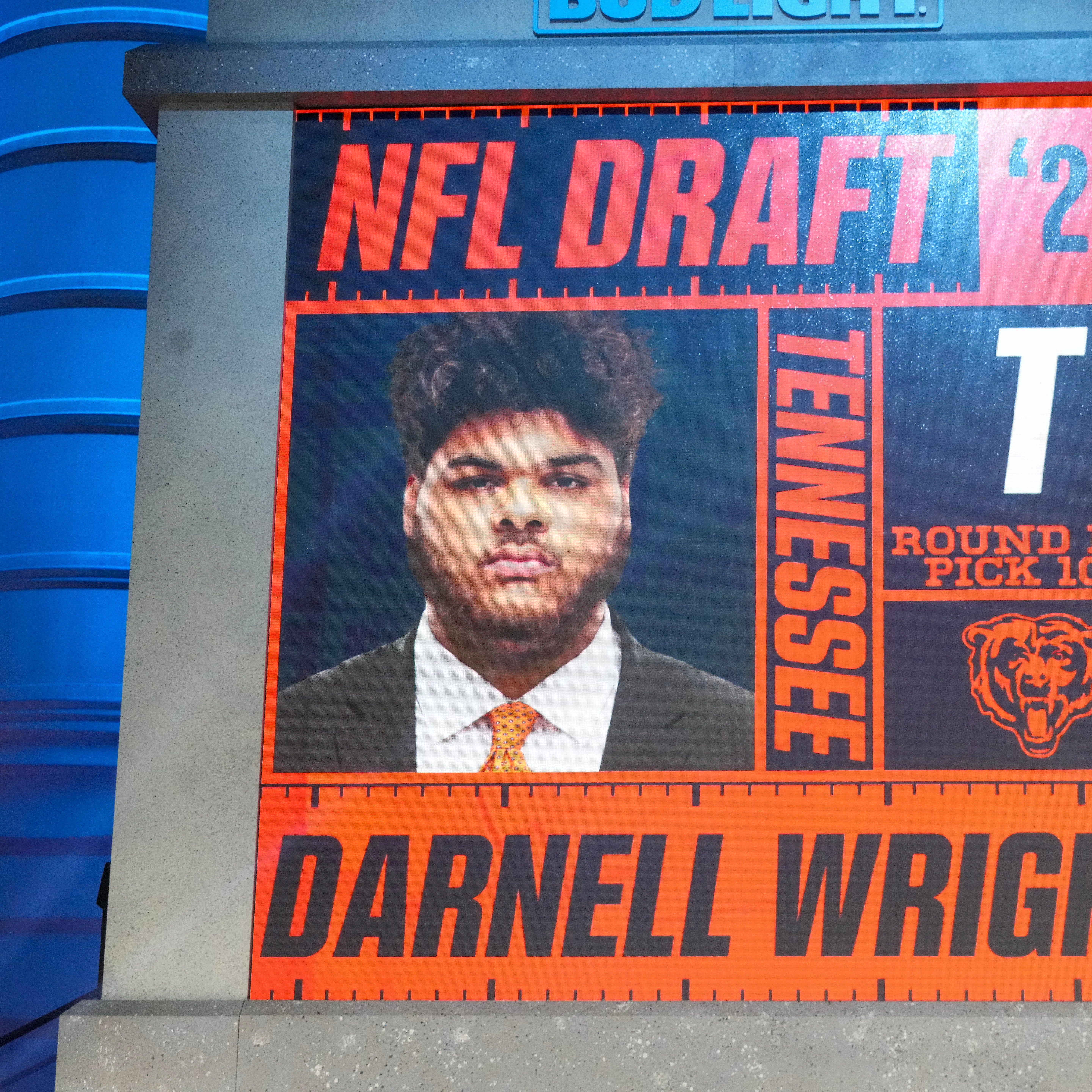 Apr 27, 2023; Kansas City, MO, USA; Tennessee offensive tackle Darnell Wright is selected by the Chicago Bears tenth overall in the first round of the 2023 NFL Draft at Union Station.
