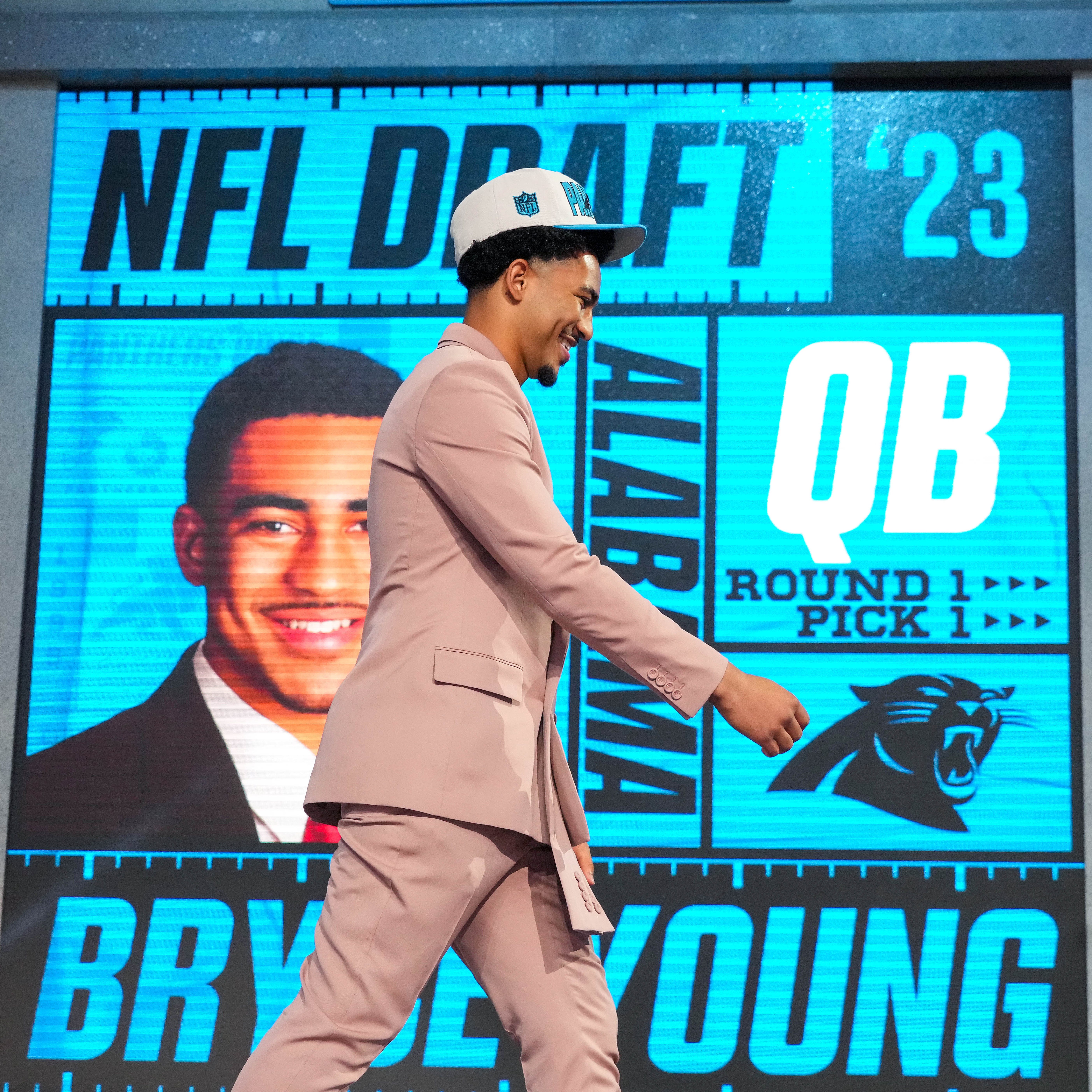 Bryce Young walks on stage after being drafted first overall by the Panthers during the 2023 NFL draft at Union Station in Kansas City, Missouri on April 27, 2023.