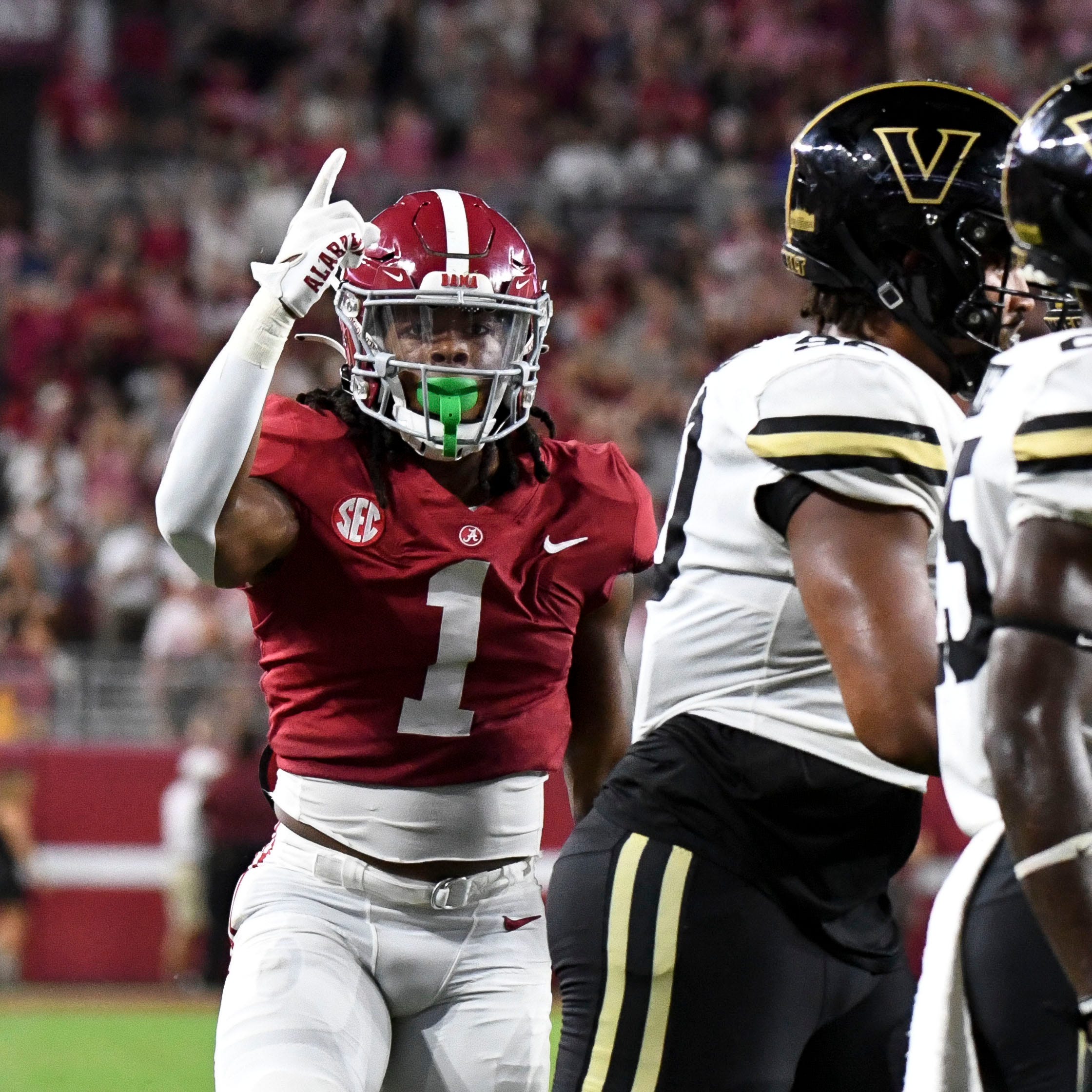 Alabama Crimson Tide running back Jahmyr Gibbs (1) celebrates after a first down run against the Vanderbilt Commodores Commodores at Bryant-Denny Stadium.