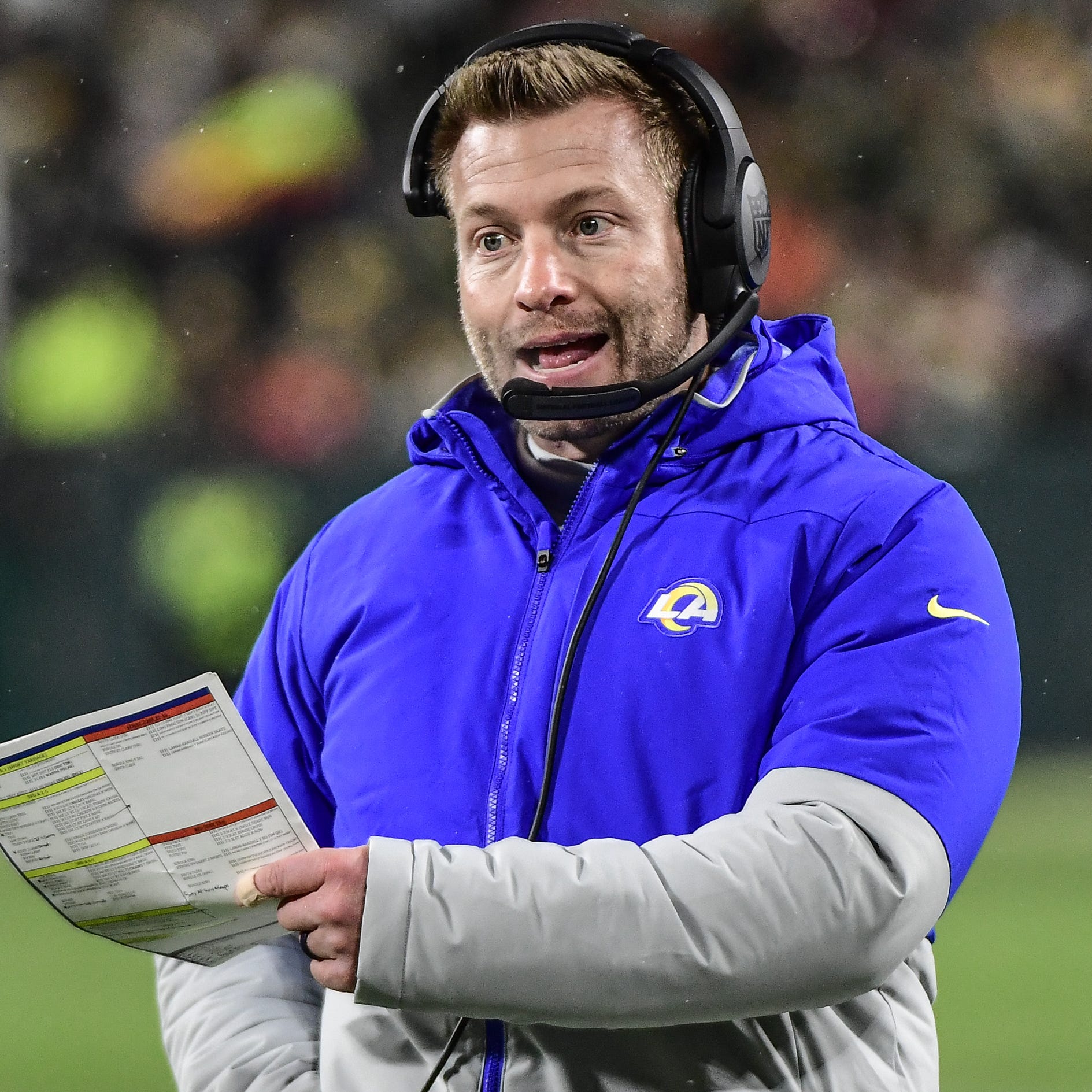 Los Angeles Rams head coach Sean McVay reacts in the third quarter during game against the Green Bay Packers at Lambeau Field.