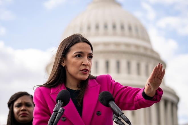 Rep. Alexandria Ocasio-Cortez, D-N.Y., speaks during a news conference with Democratic lawmakers about the Biden administrations border politics in January.